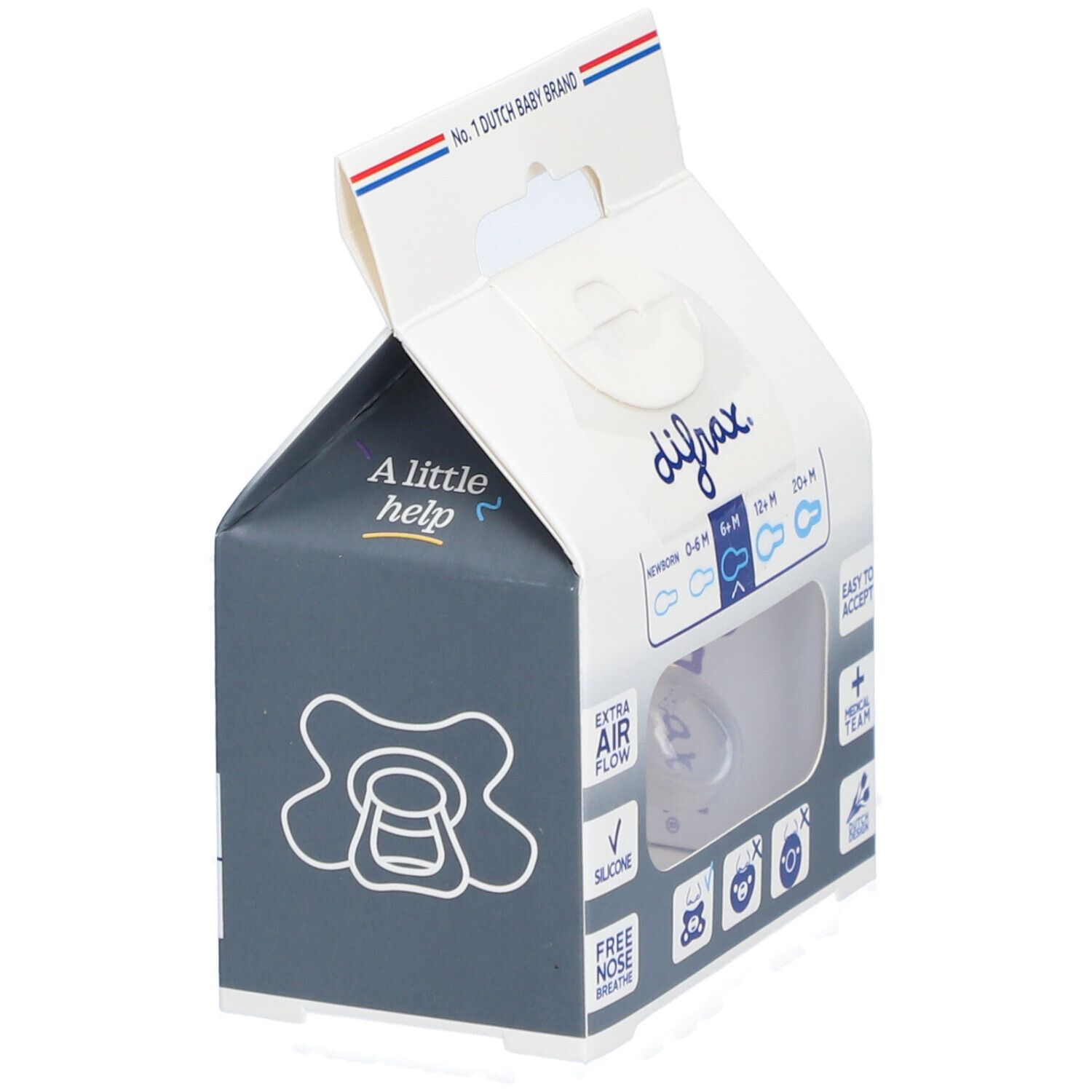 Emballage de sucette Difrax. 6+ mois. Extra Air Flow. Silicone. Facile à accepter.