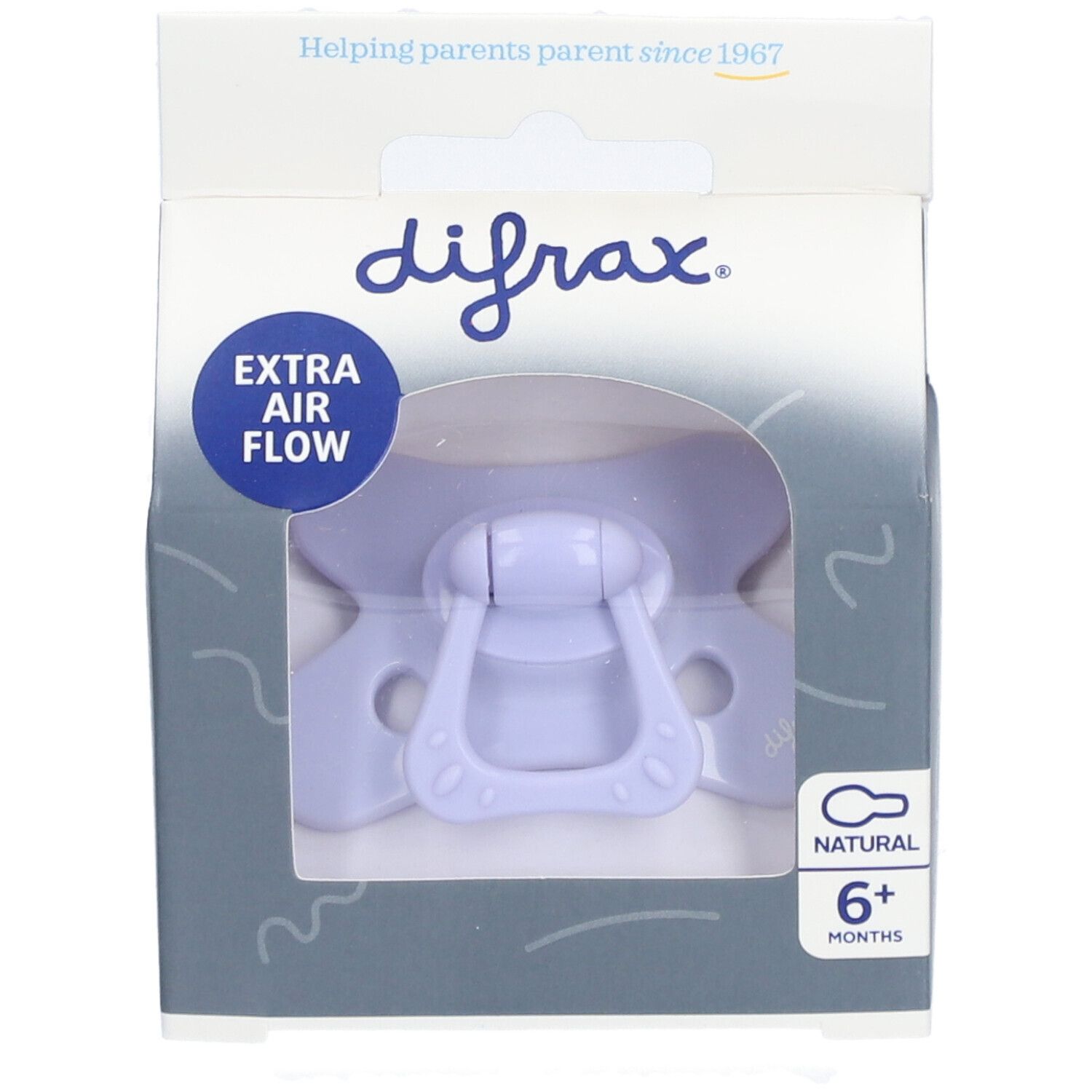 Sucette Difrax dans son emballage. Violet naturel, 6+ mois. Extra Air Flow. Fenêtre.