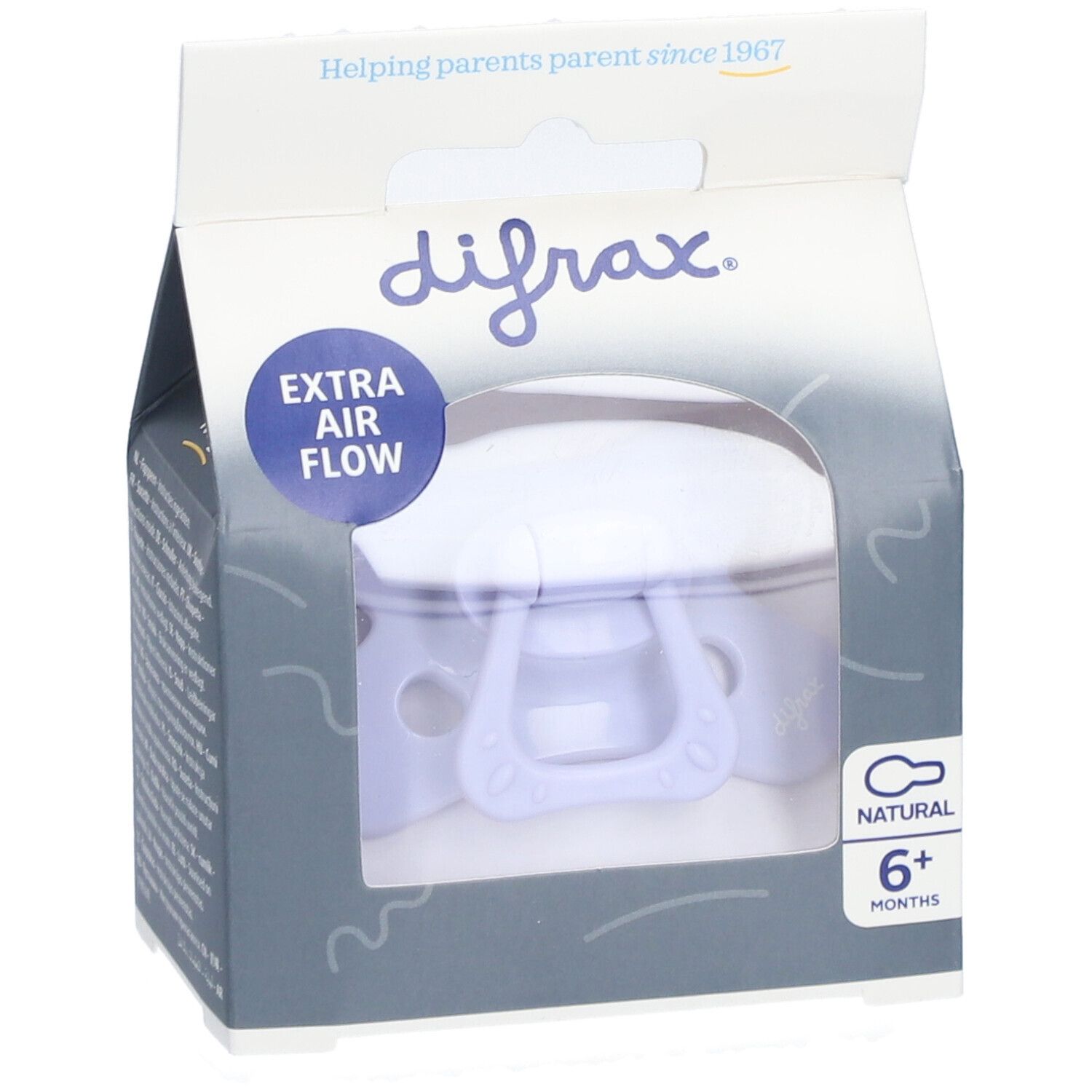 Sucette Difrax dans son emballage. Violet naturel, 6+ mois. Extra Air Flow. Fenêtre.
