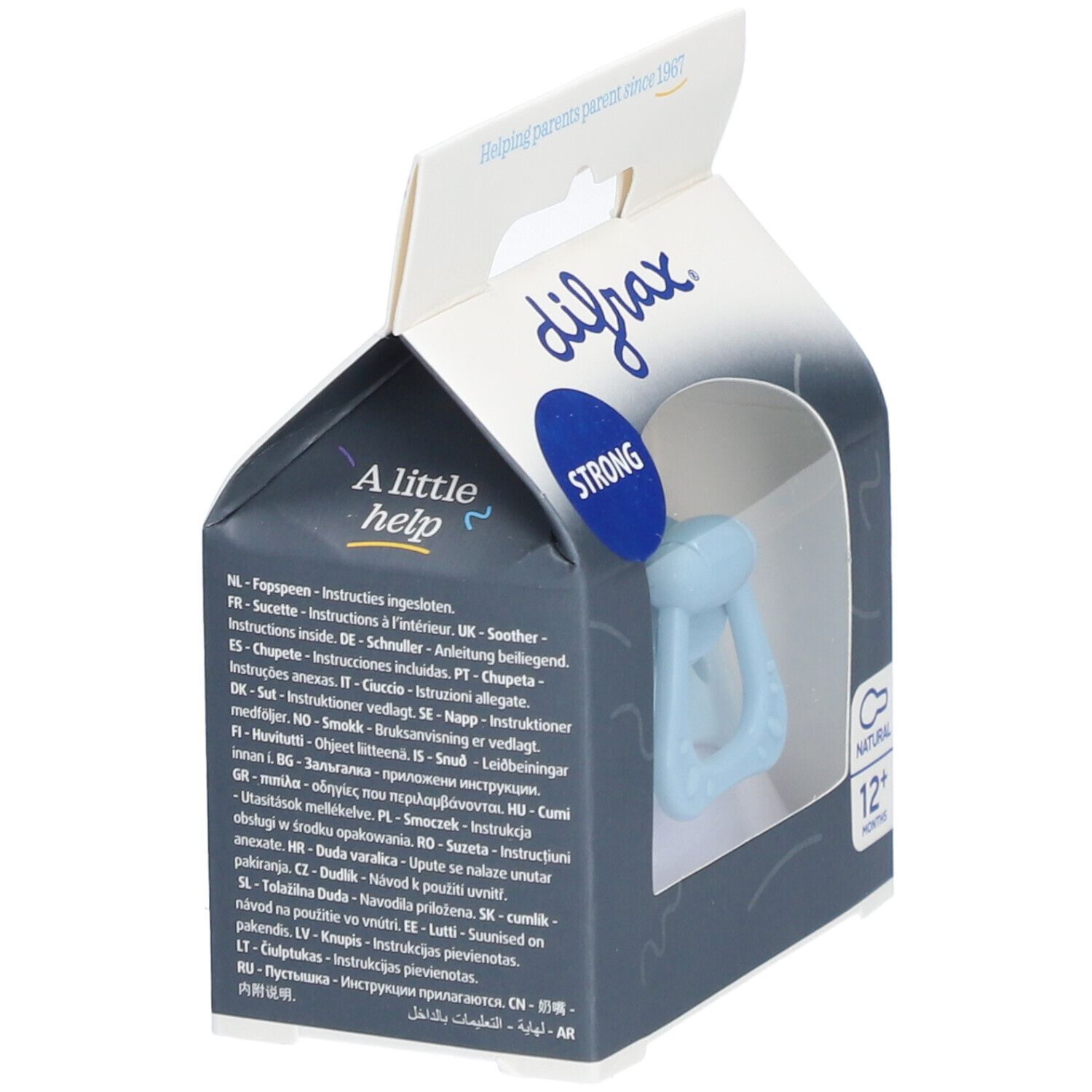 Emballage avec sucette bleu clair. Marque : Difrax. Texte : 'A little help'. Instructions multilingues sur l'emballage.