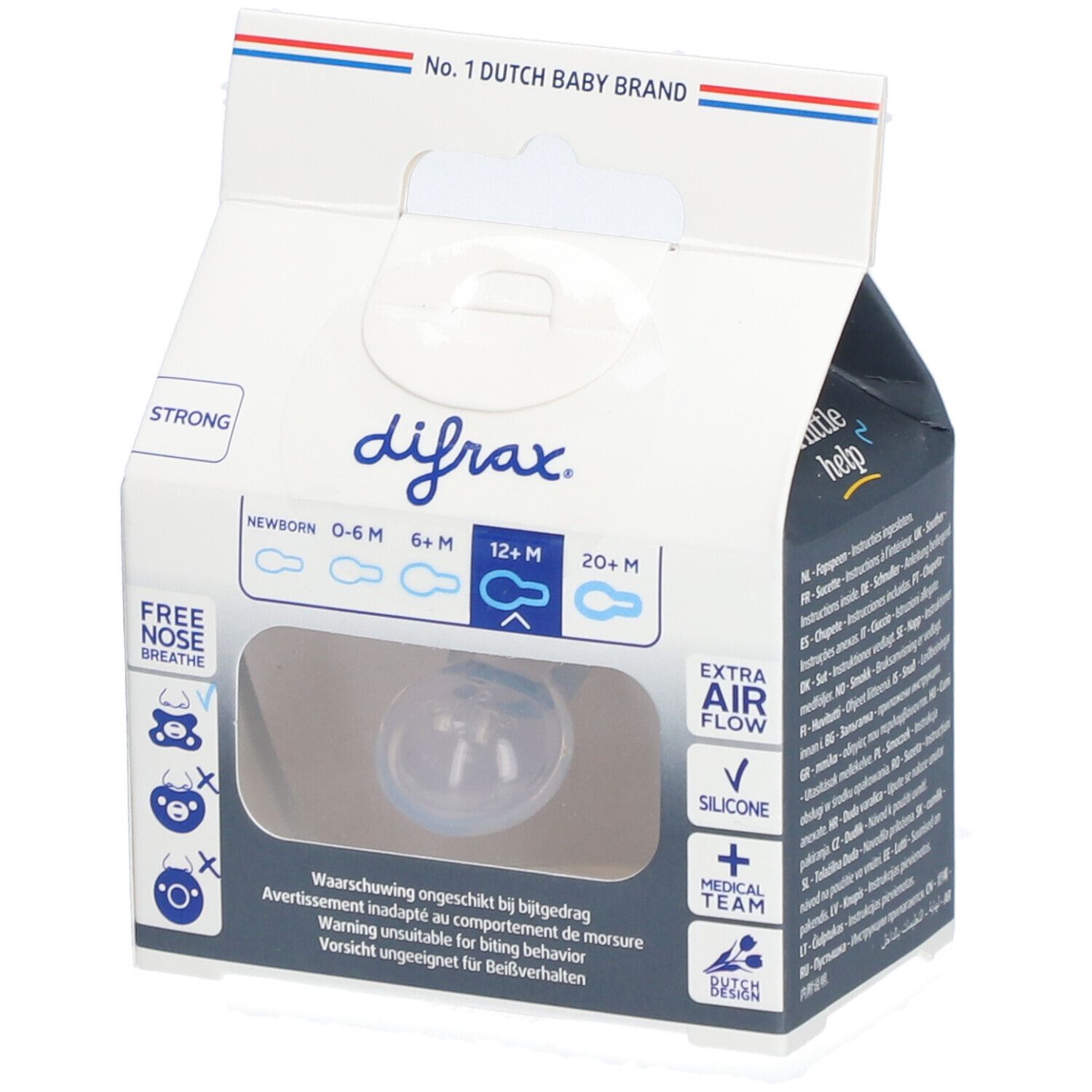 Emballage avec sucette. Marque : Difrax. Recommandations d'âge : 0-6M, 6M+, 12M+, 20M+. 'Extra Air Flow' et 'Silicone'.