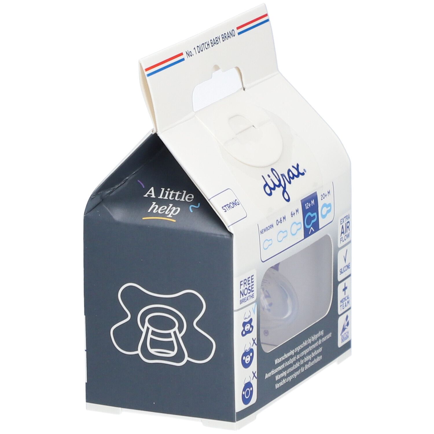 Emballage avec sucette. Marque : Difrax. Recommandations d'âge : 0-6M, 6M+, 12M+, 20M+. 'Extra Air Flow' et 'Silicone'.