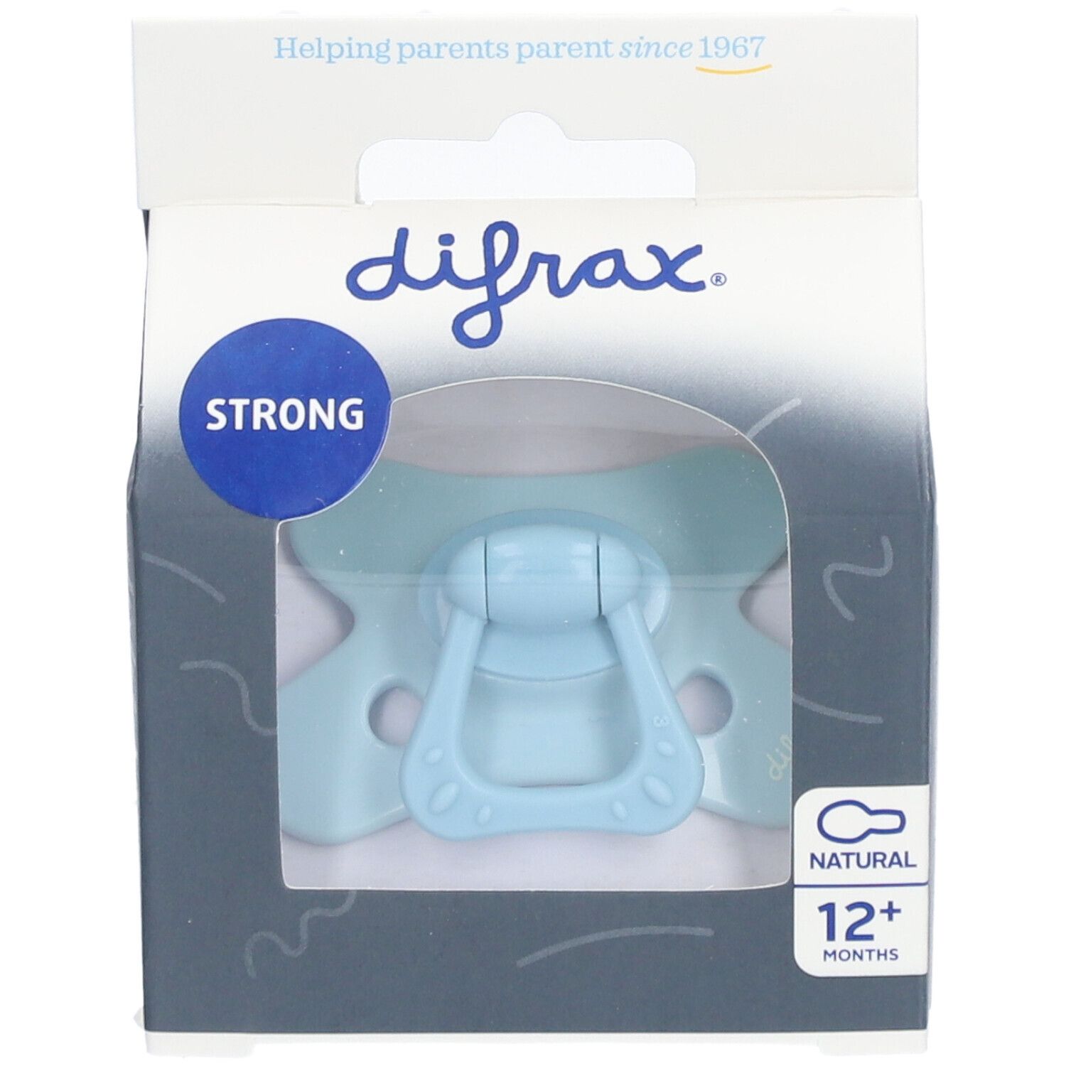 Sucette bleu clair dans son emballage. Marque : Difrax. Recommandation d'âge : 12+ mois. Emballage avec fenêtre.