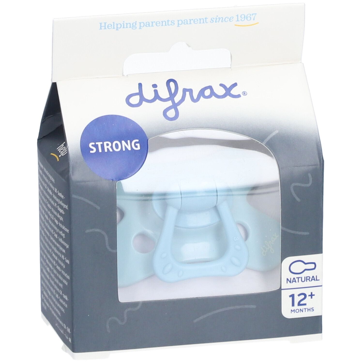 Sucette bleu clair dans son emballage. Marque : Difrax. Recommandation d'âge : 12+ mois. Emballage avec fenêtre.
