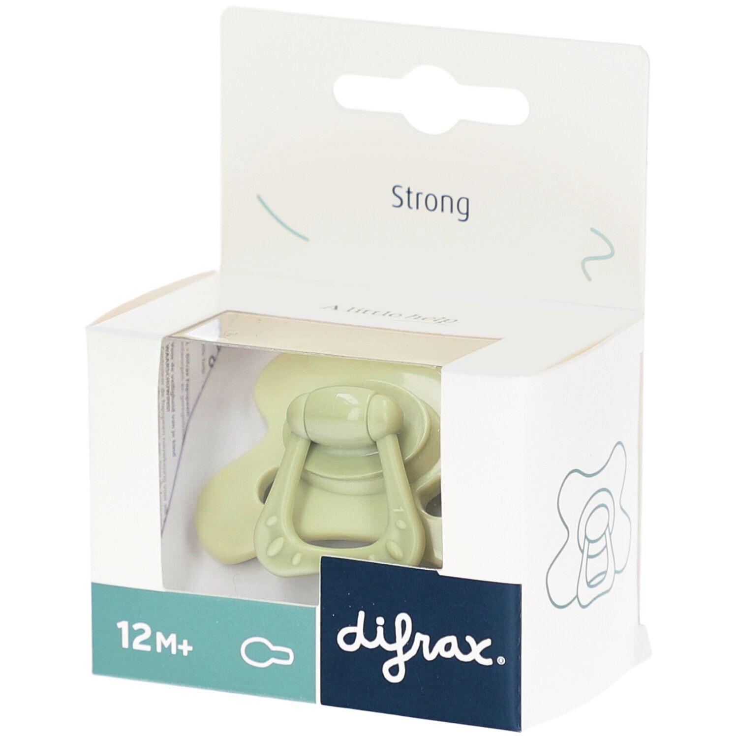 Grüner Schnuller in Verpackung. Sichtbar: 12M+, difrax-Logo, "Strong".