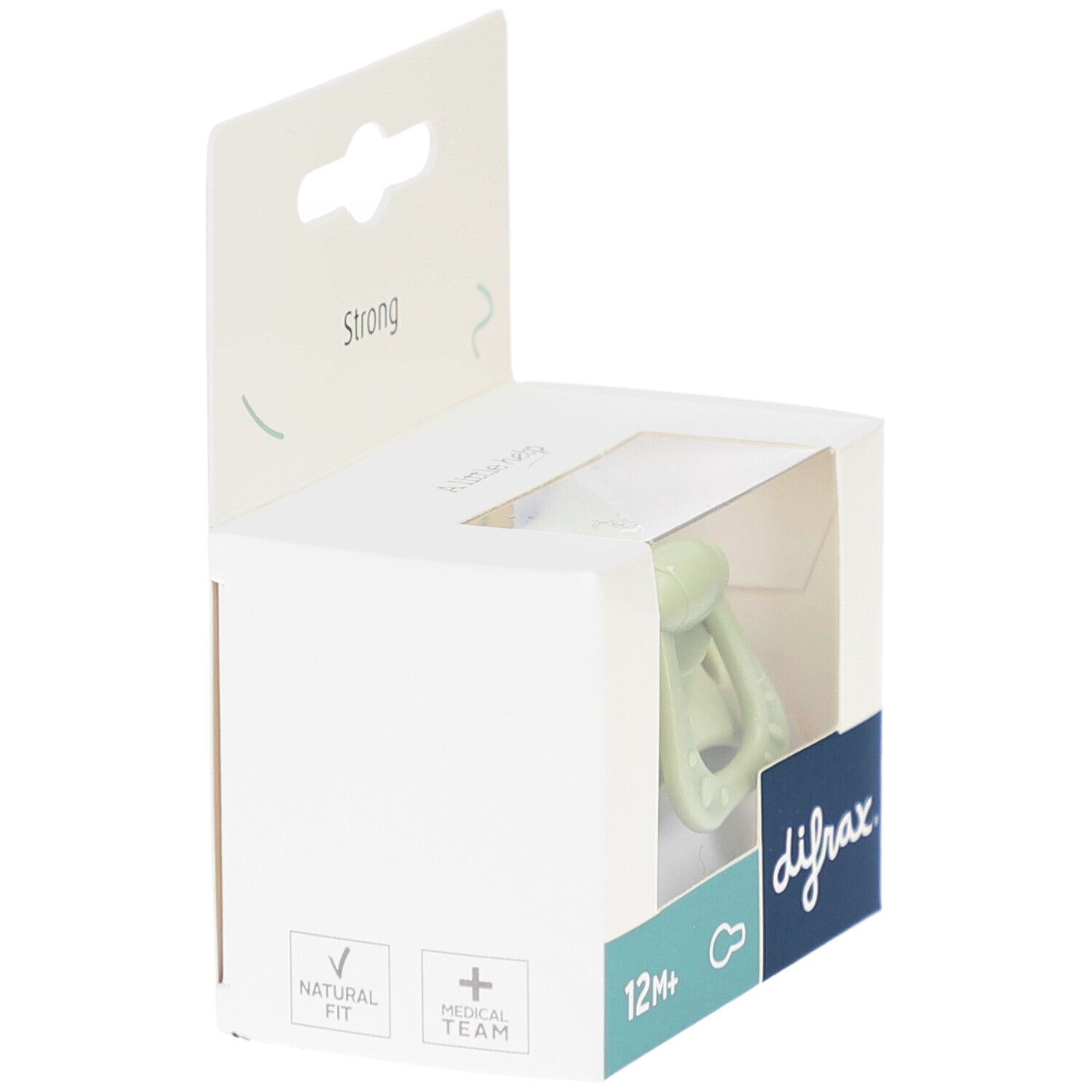 Verpackung mit grünem Schnuller. Sichtbar: "Natural Fit", "Medical Team", 12M+, difrax-Logo.