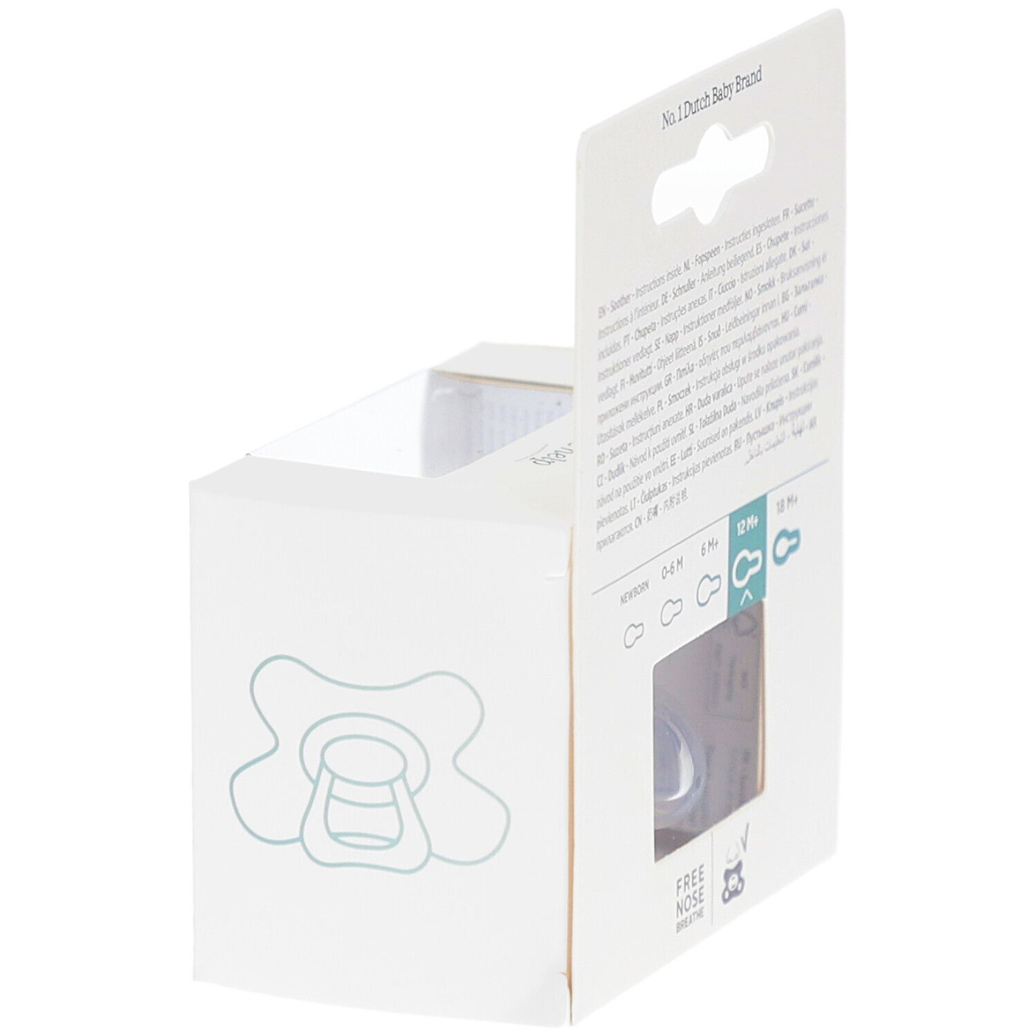 Verpackung mit Schnuller. Sichtbar: Altersangaben, Schnuller-Illustration, "Free Nose".