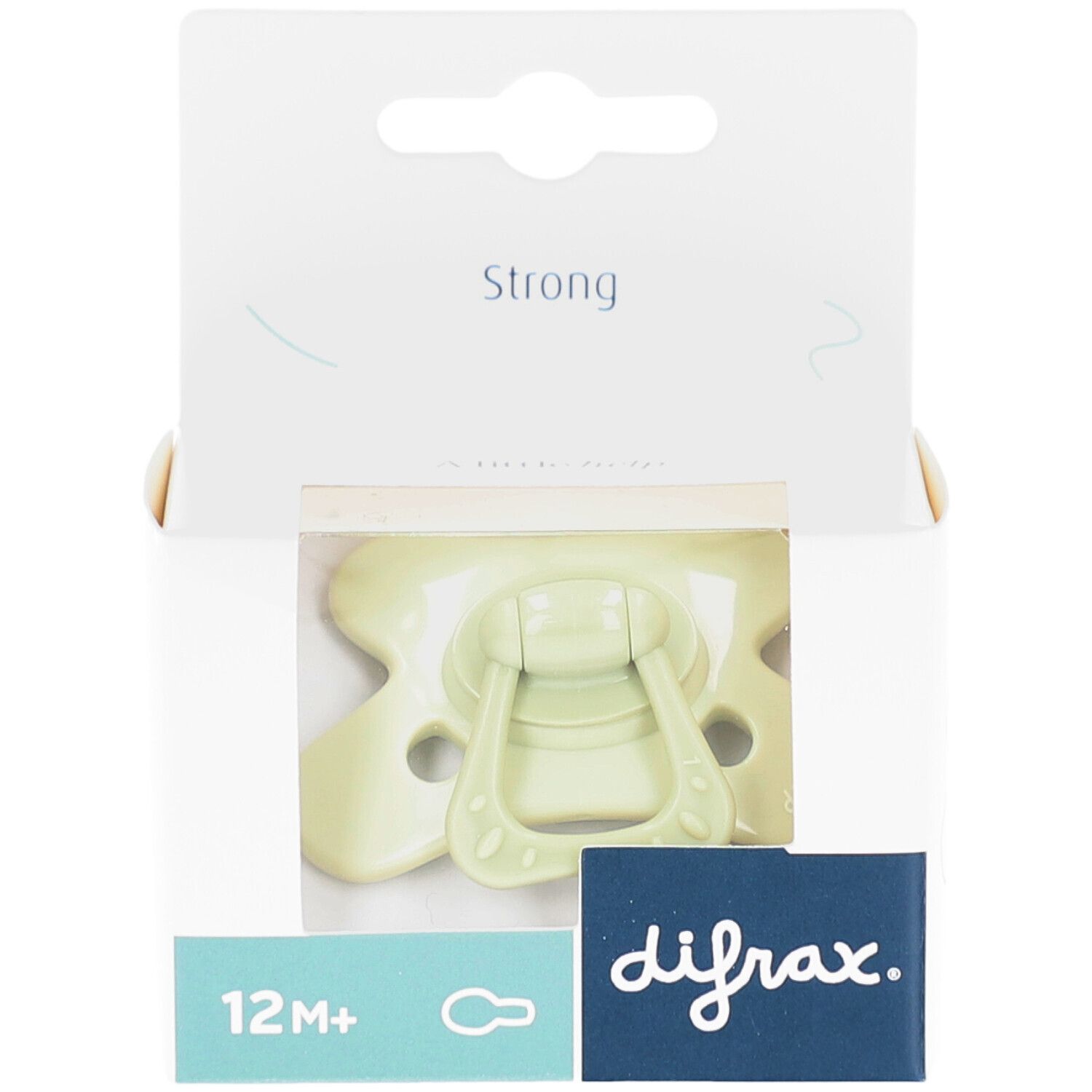 Grüner Schnuller in Verpackung. Sichtbar: 12M+, difrax-Logo, "Strong".
