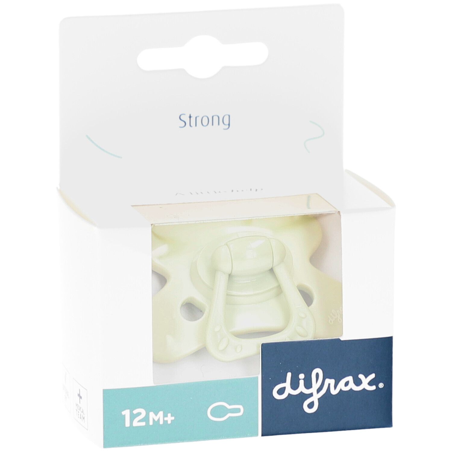 Grüner Schnuller in Verpackung. Sichtbar: 12M+, difrax-Logo, "Strong".