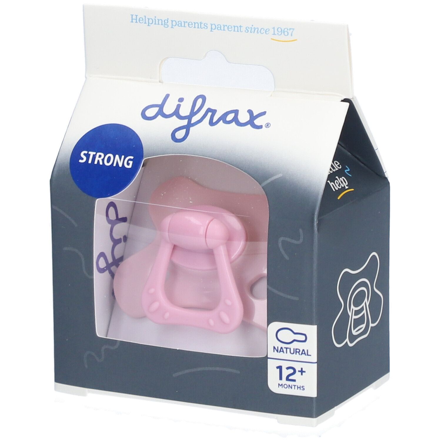 Sucette rose dans son emballage. Marque Difrax, inscription "STRONG" et "12+ mois".