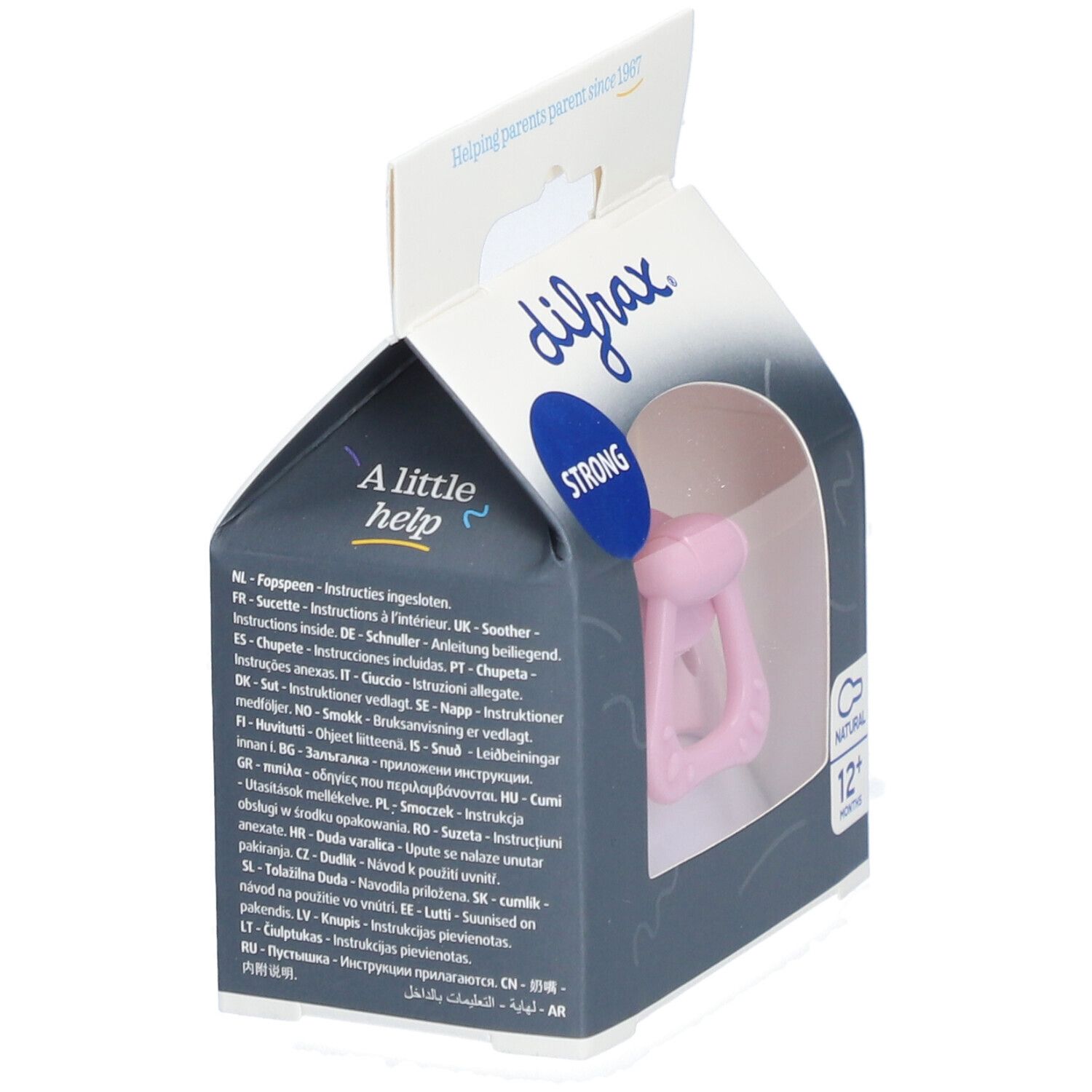 Emballage avec sucette rose. Marque Difrax, inscription "STRONG" et "12+ mois".