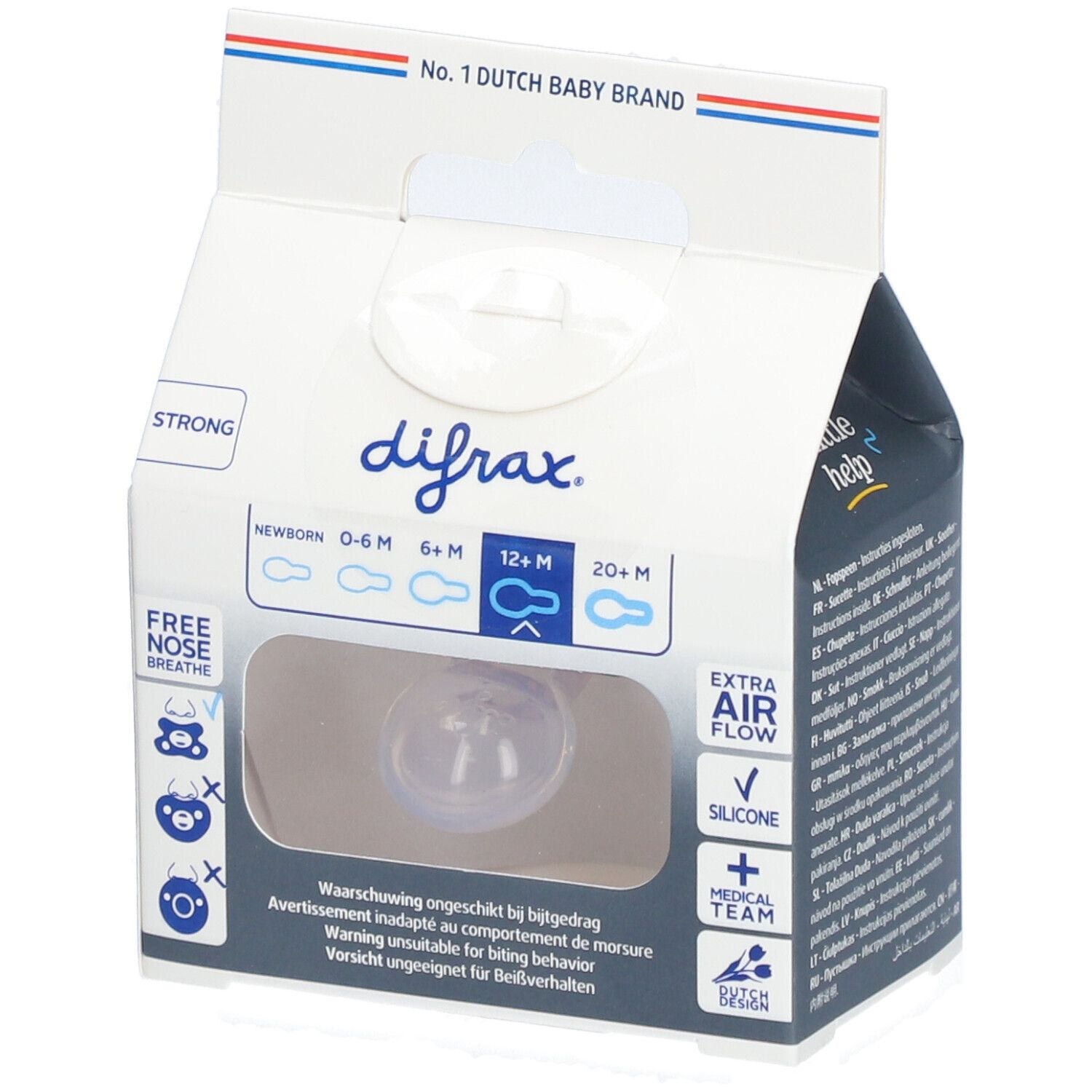 Emballage avec sucette. Marque Difrax, inscription "STRONG", "0-6M", "6-12M", "12+M", "20+M".