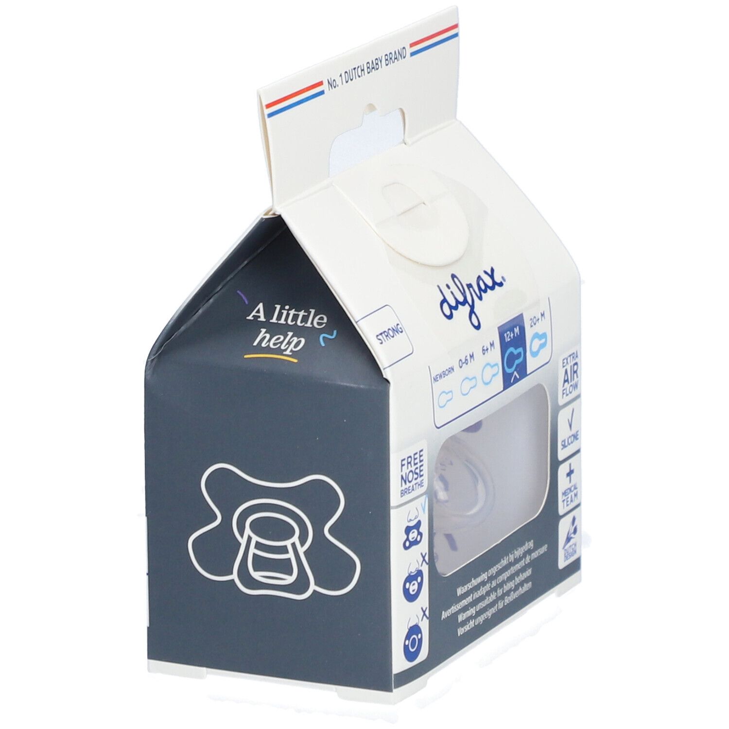 Emballage avec sucette. Marque Difrax, inscription "STRONG", "0-6M", "6-12M", "12+M", "20+M".