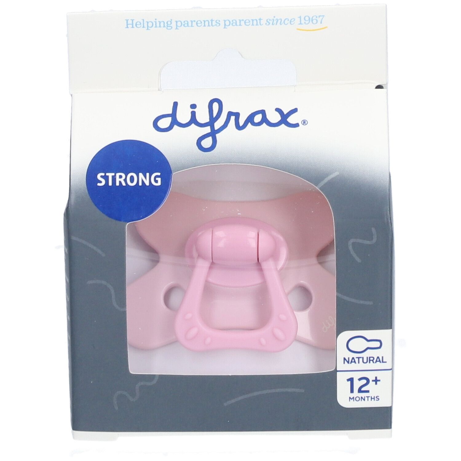 Sucette rose dans son emballage. Marque Difrax, inscription "STRONG" et "12+ mois".