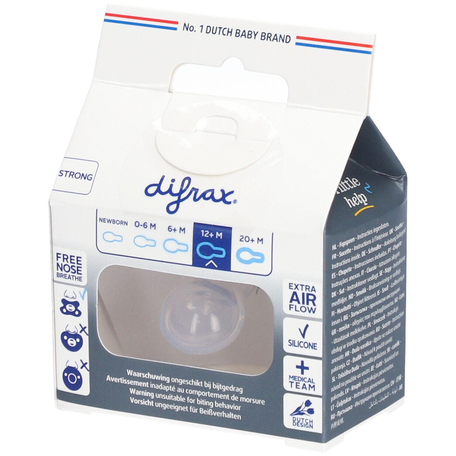 Difrax Schnuller Verpackung. Transparent, 12+ Monate. Extra Luftzirkulation.