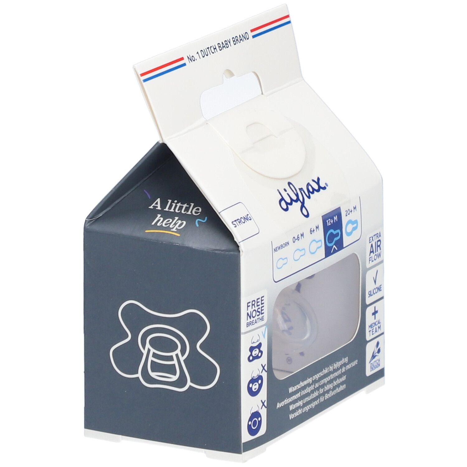 Difrax Schnuller Verpackung. Transparent, 12+ Monate. Verpackung geöffnet.