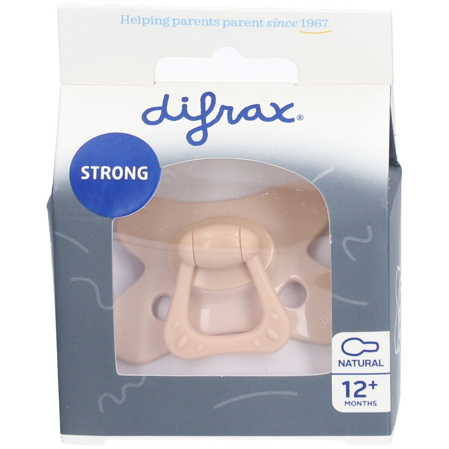 Difrax Schnuller in Verpackung. Beige, 12+ Monate. Sichtfenster.