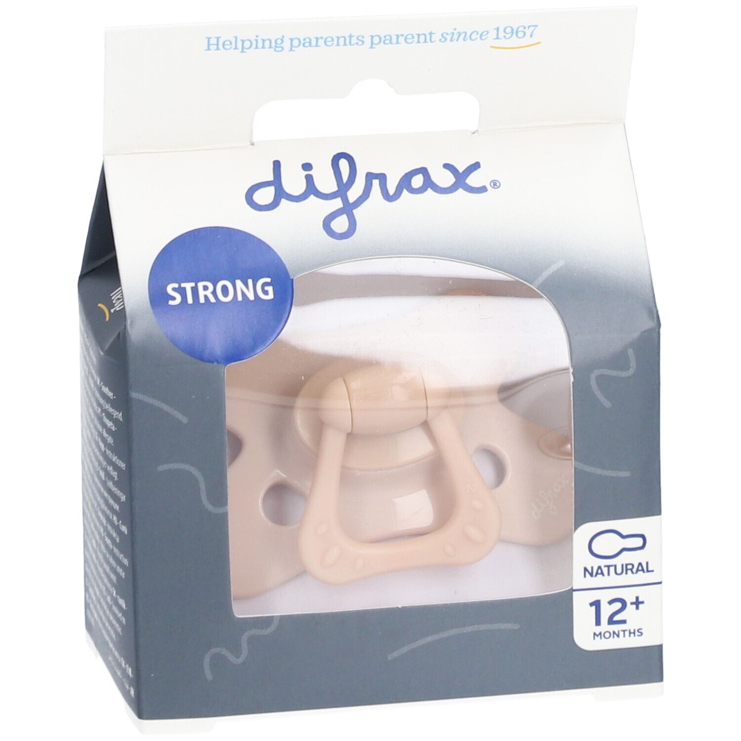 Difrax Schnuller in Verpackung. Beige, 12+ Monate. Sichtfenster.