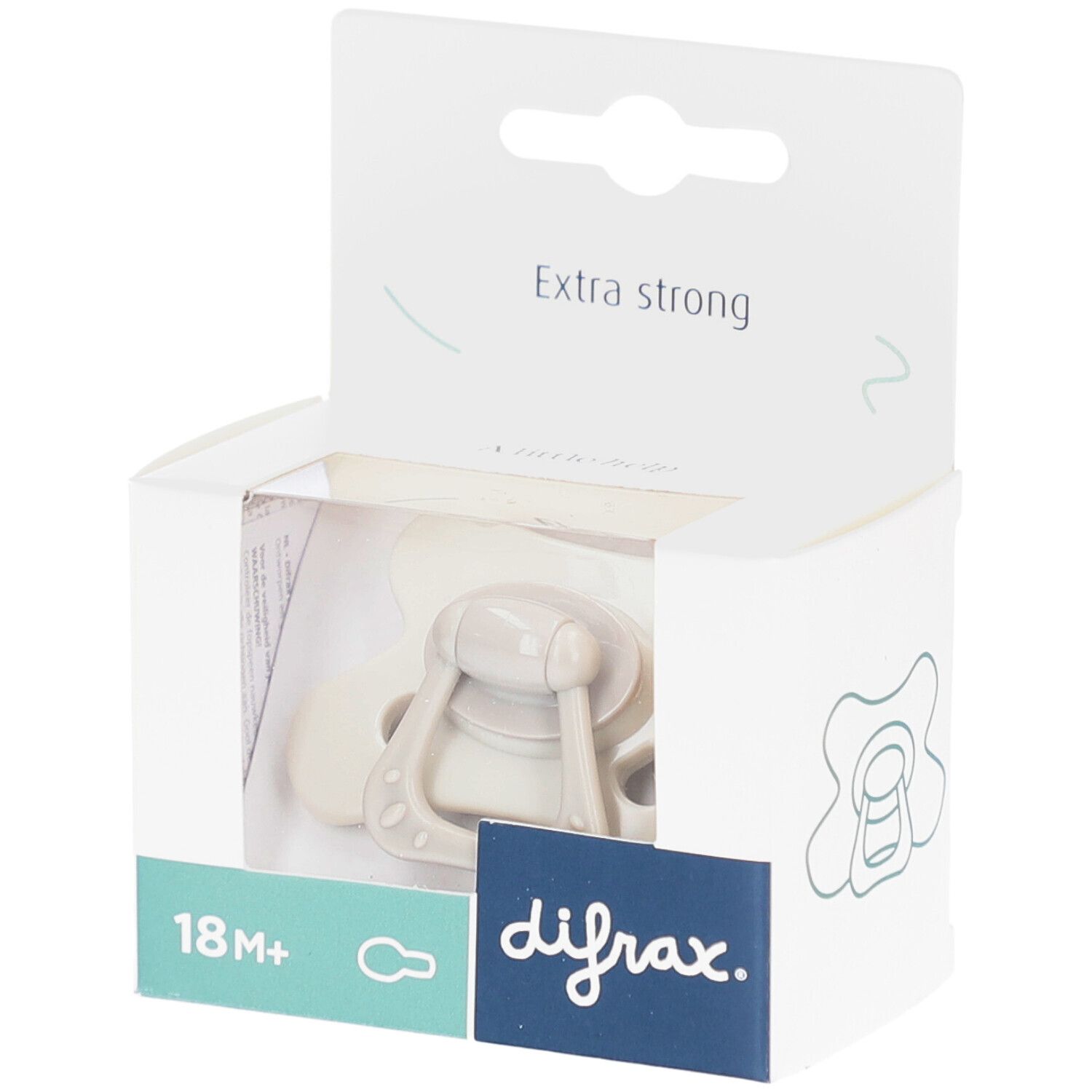 Beige Schnuller in weißer Verpackung. Sichtbar ist das Logo difrax und die Altersangabe 18M+.
