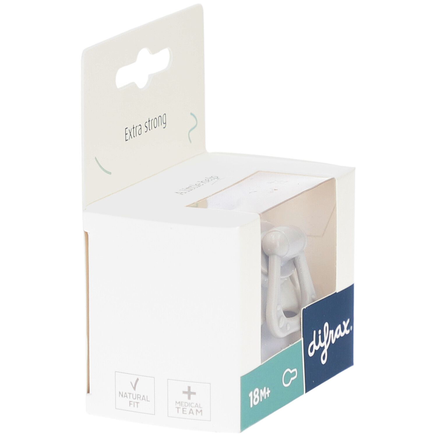 Weißer Karton mit beige Schnuller. Auf der Verpackung steht difrax, 18M+ und Natural Fit.