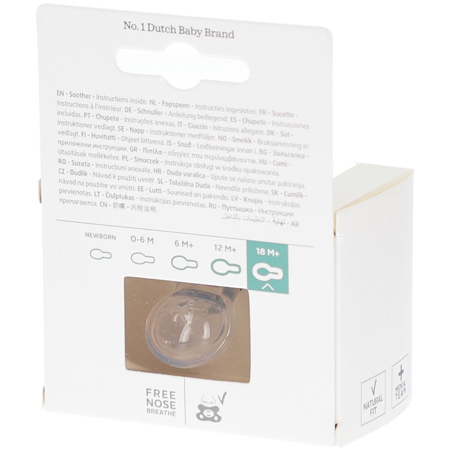 Rückseite der Verpackung mit Informationen. Verschiedene Altersangaben und ein Schnuller sind abgebildet.