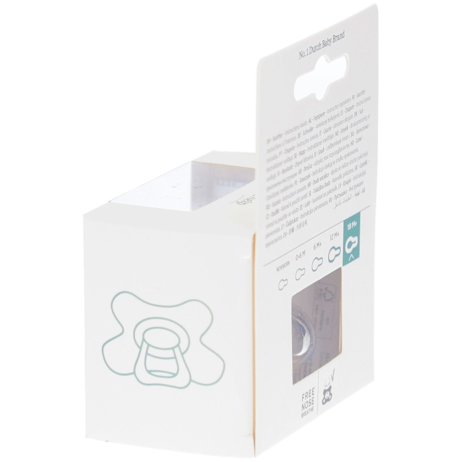 Rückseite der Verpackung mit Informationen. Ein Schnuller ist durch ein Fenster sichtbar.