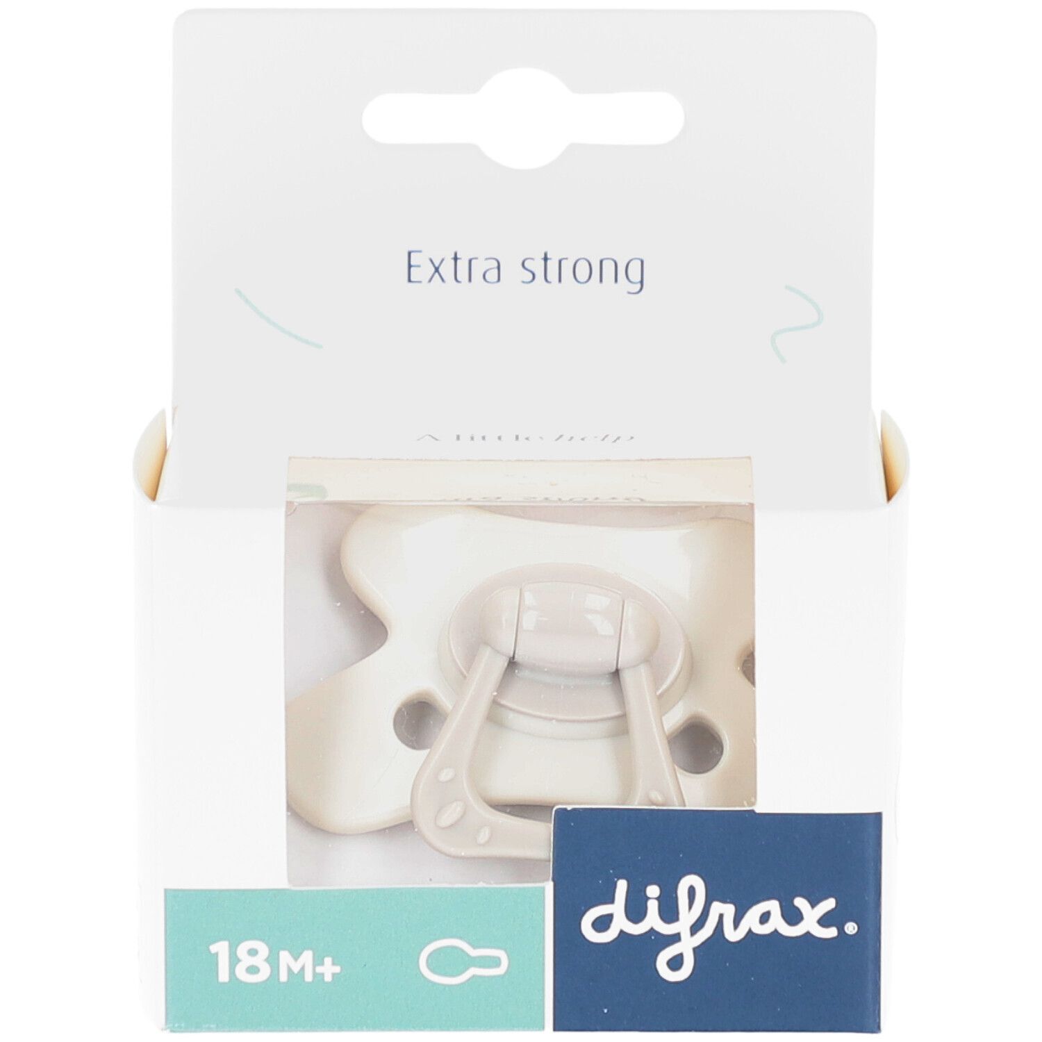 Beige Schnuller in weißer Verpackung. Das Logo difrax und die Altersangabe 18M+ sind sichtbar.