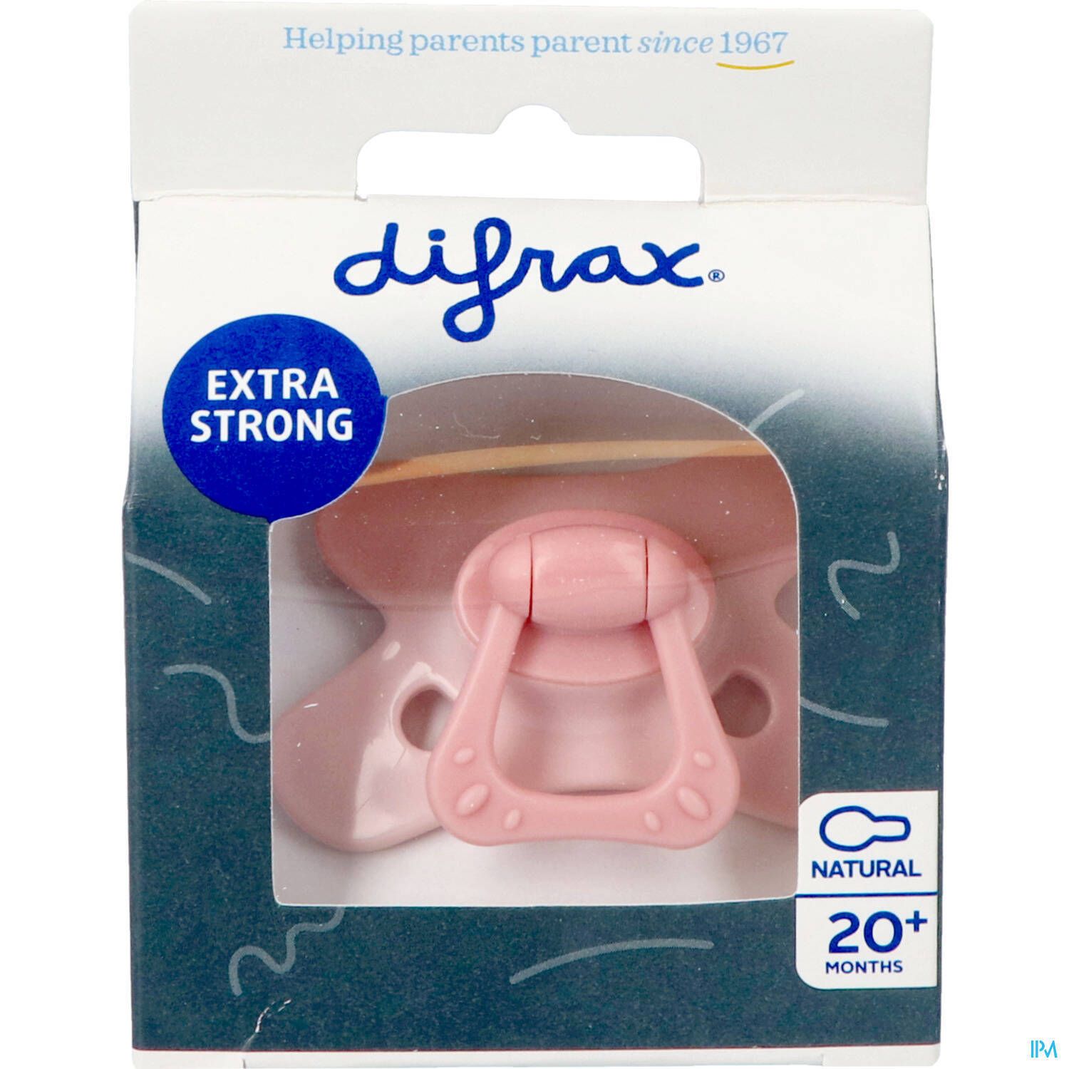 Rosa Schnuller in Verpackung. Aufschrift: Extra Strong, Natural, 20+ Monate. Marke: difrax.