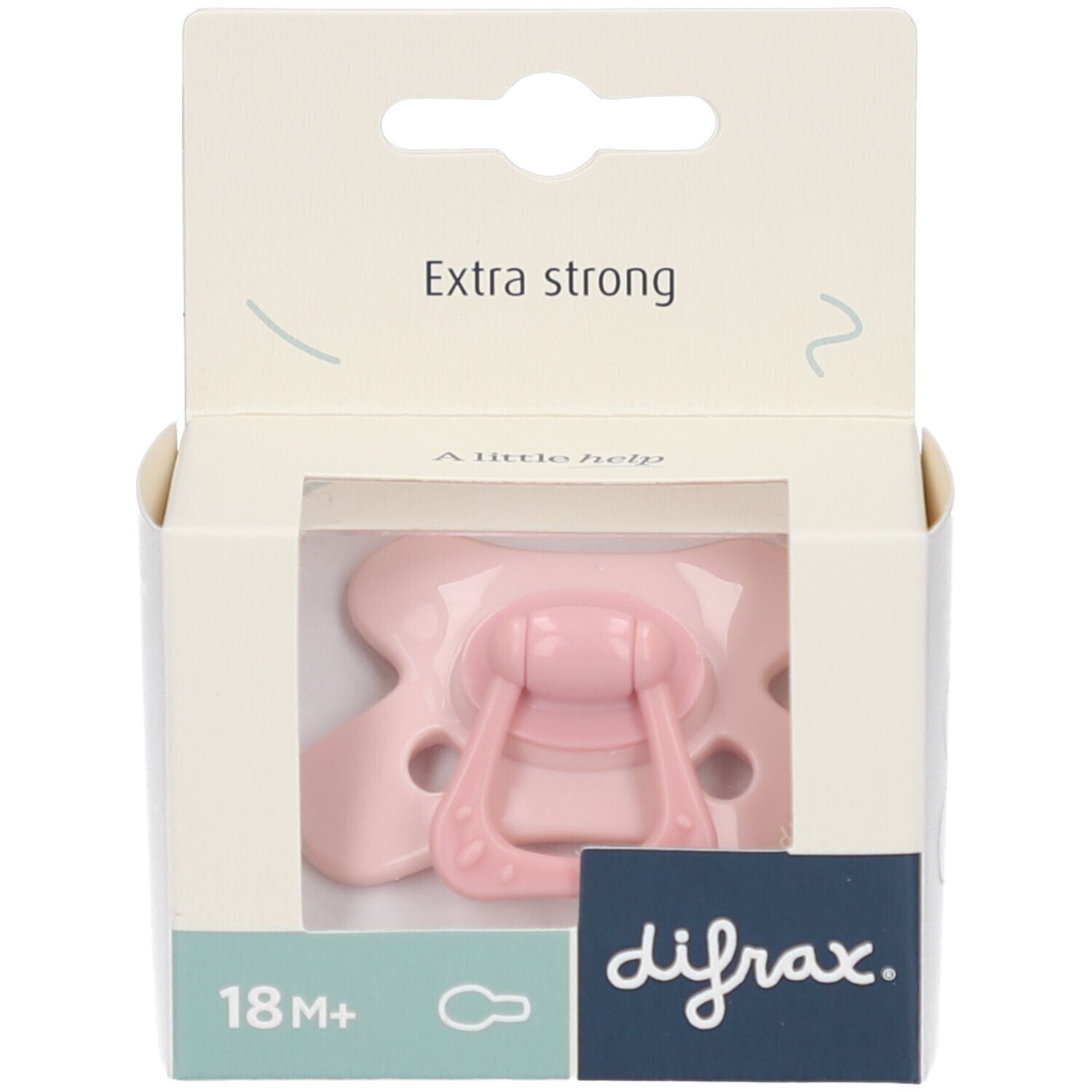 Rosa Schnuller in Verpackung. Marke Difrax. Aufschrift: Extra Strong, 18 M+.