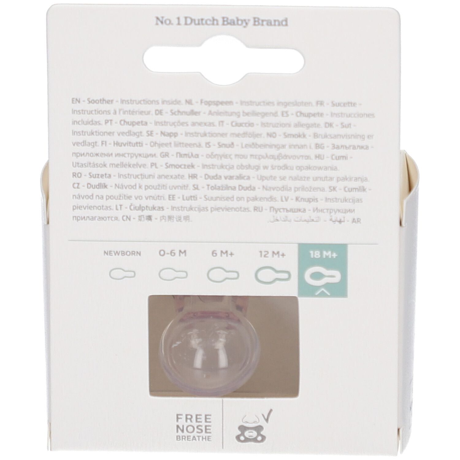 Rückseite der Verpackung. Aufschrift: No. 1 Dutch Baby Brand. Symbole für verschiedene Altersgruppen.