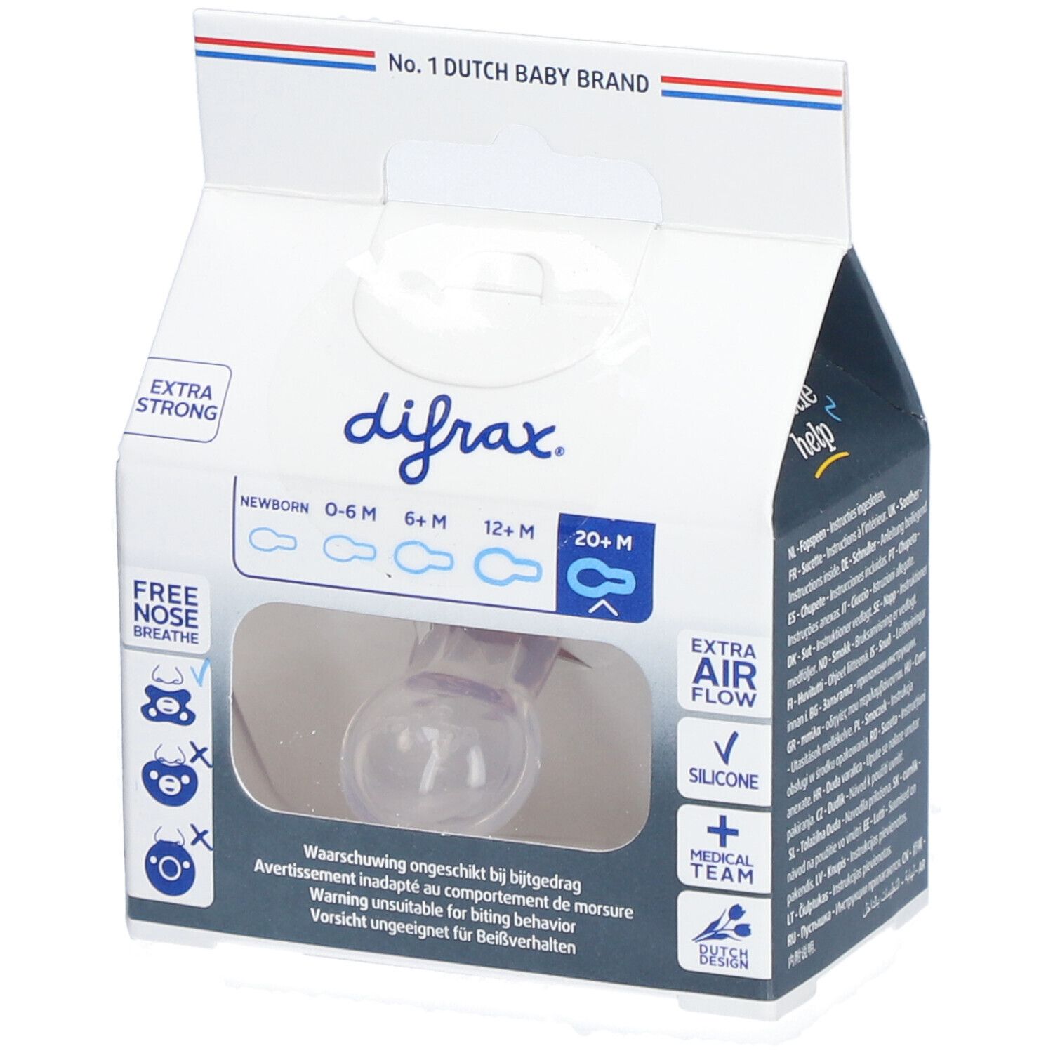 Verpackung mit Schnuller. Marke Difrax. Aufschrift: Extra Strong, 20+ M, Extra Air Flow, Silicone.