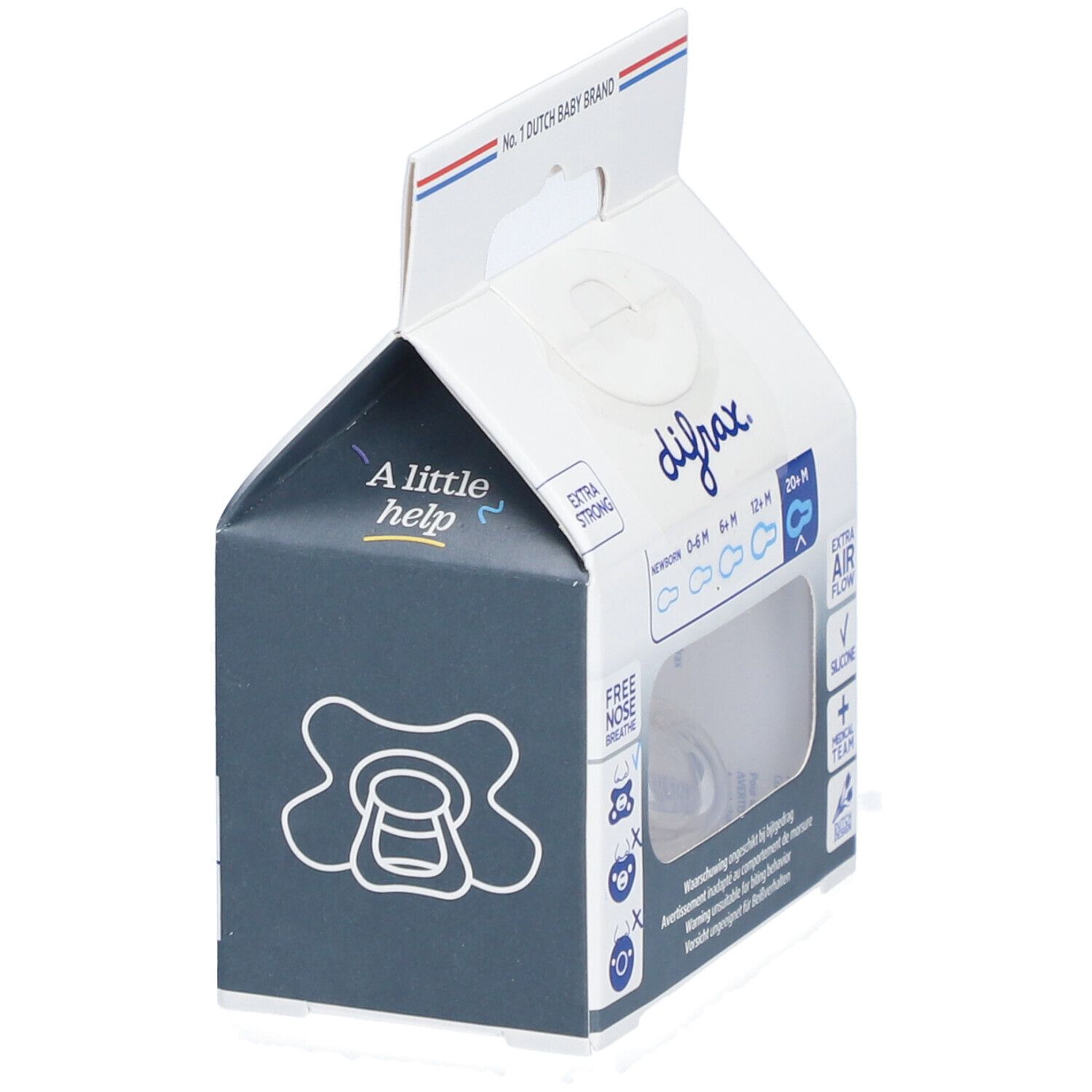 Verpackung mit Schnuller. Marke Difrax. Aufschrift: Extra Strong, 20+ M, Extra Air Flow, Silicone.