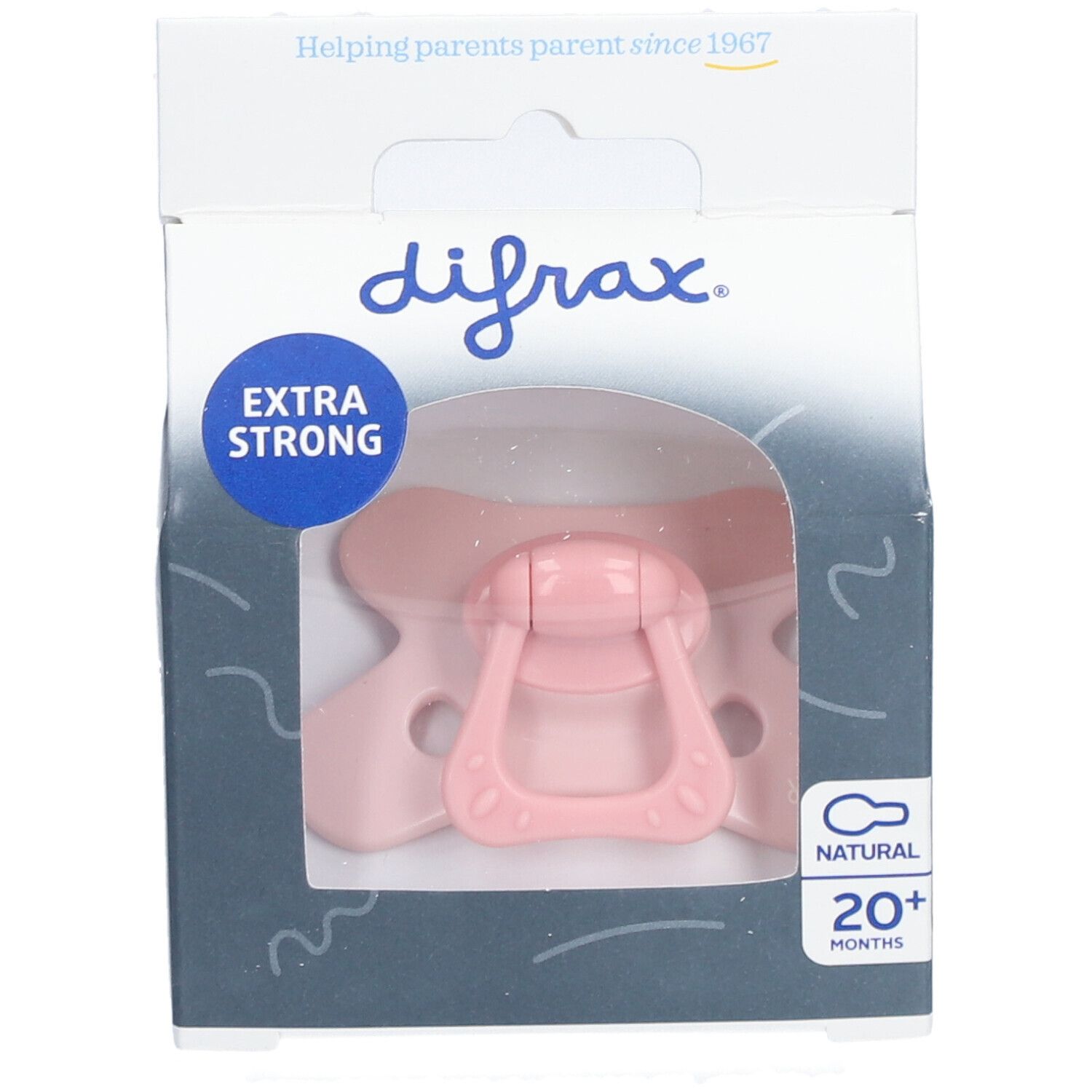 Rosa Schnuller in Verpackung. Marke Difrax. Aufschrift: Extra Strong, Natural, 20+ Monate.
