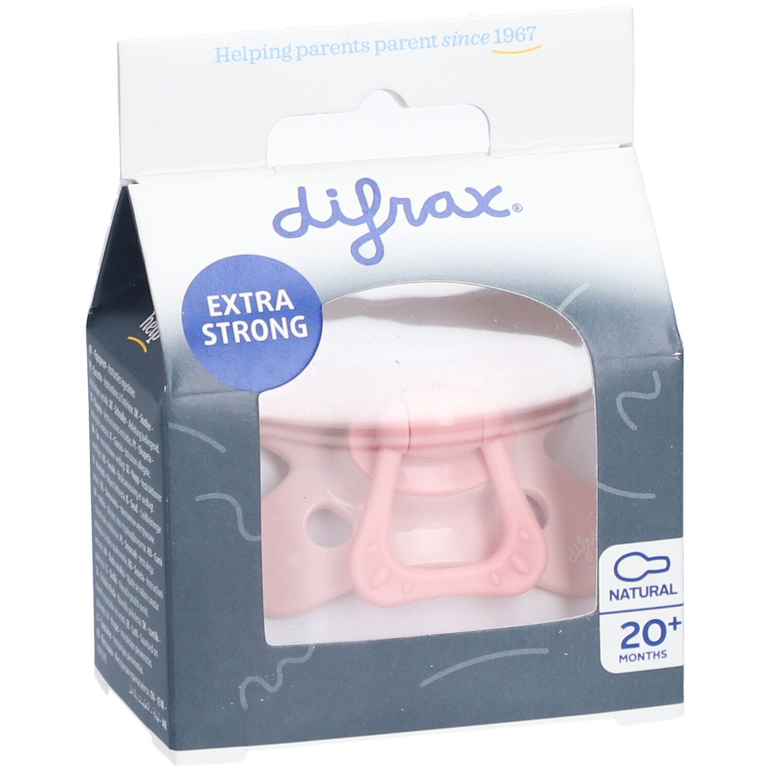 Rosa Schnuller in Verpackung. Marke Difrax. Aufschrift: Extra Strong, Natural, 20+ Monate.