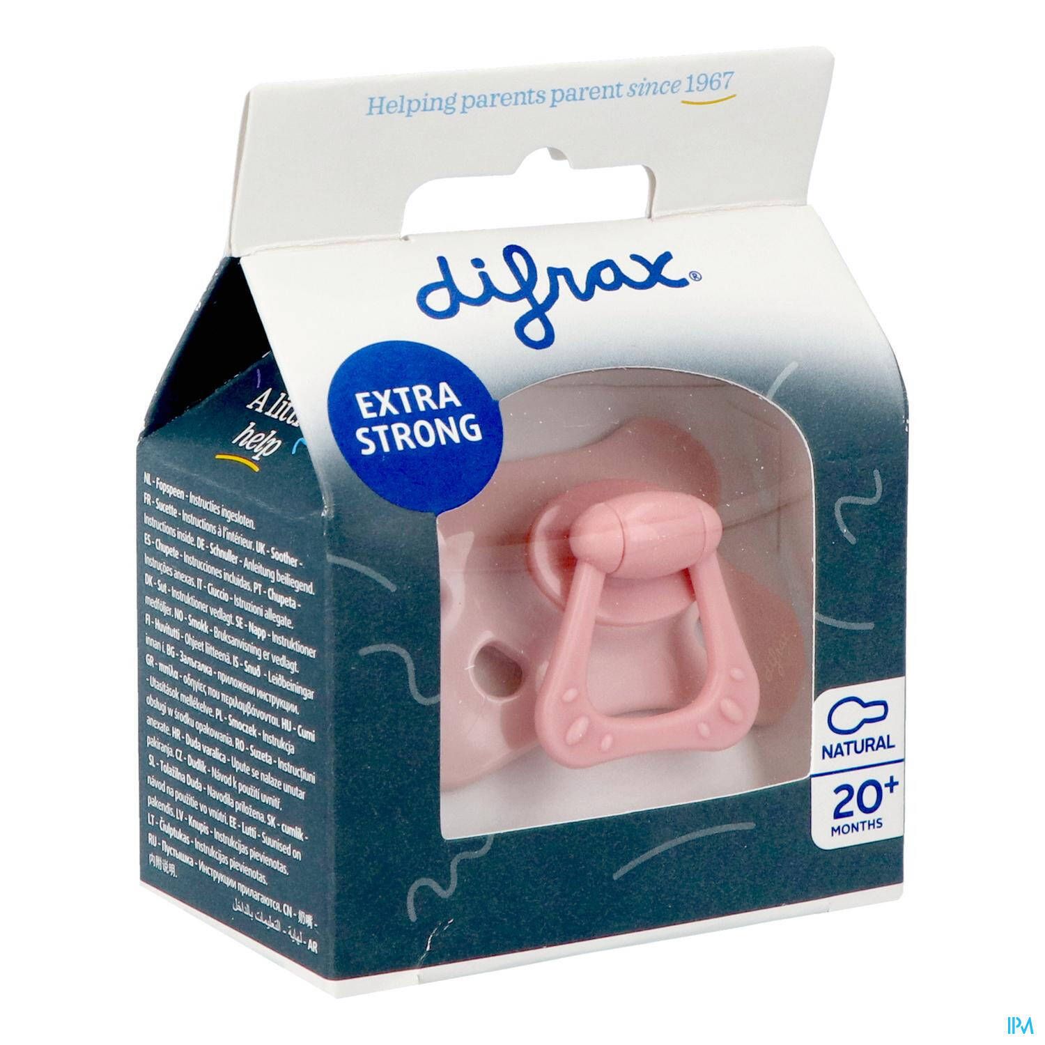 Rosa Schnuller in Verpackung. Aufschrift: Extra Strong, Natural, 20+ Monate. Marke: difrax.