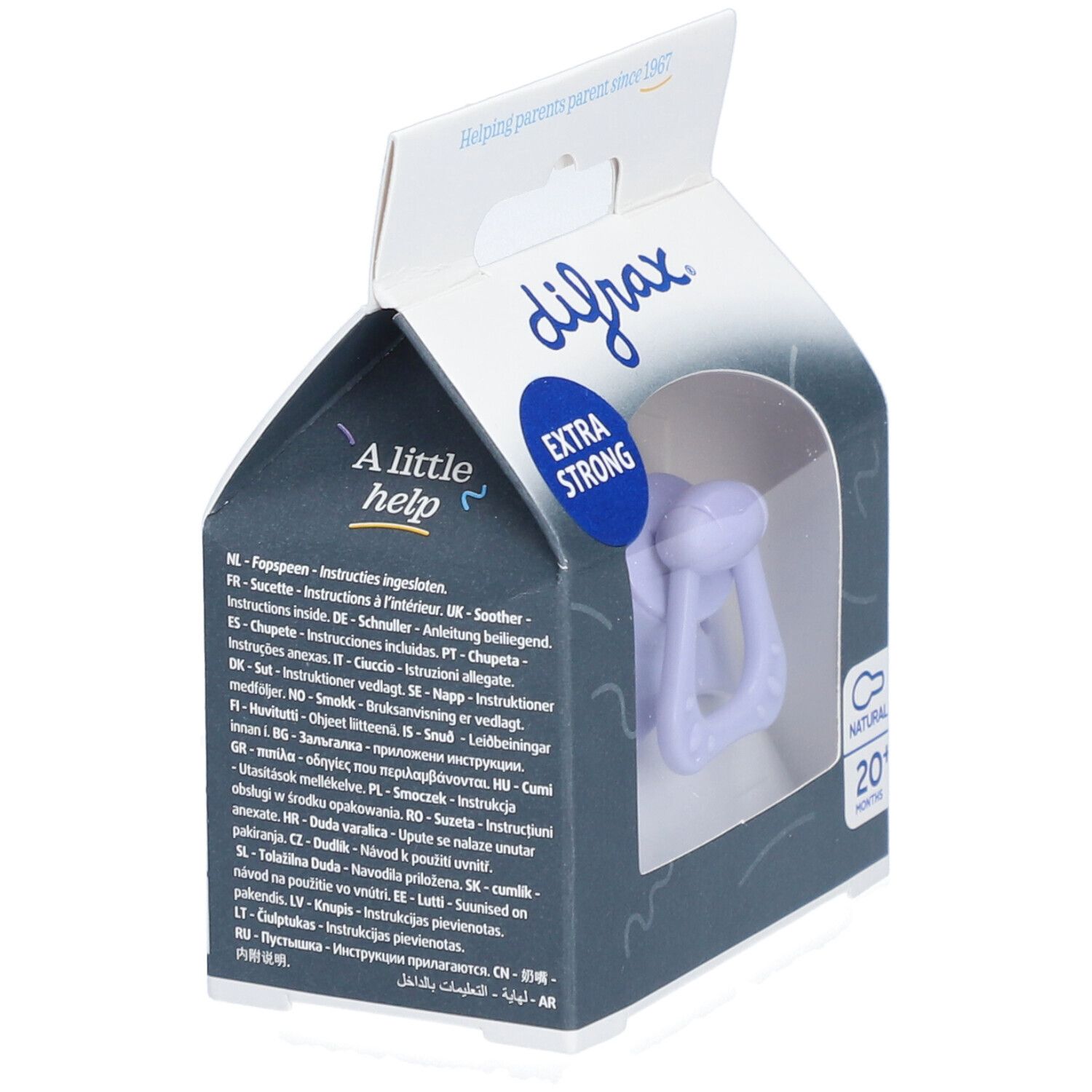 Speen in verpakking. Paars, 20+ maanden. Merk: Difrax. Extra Strong.
