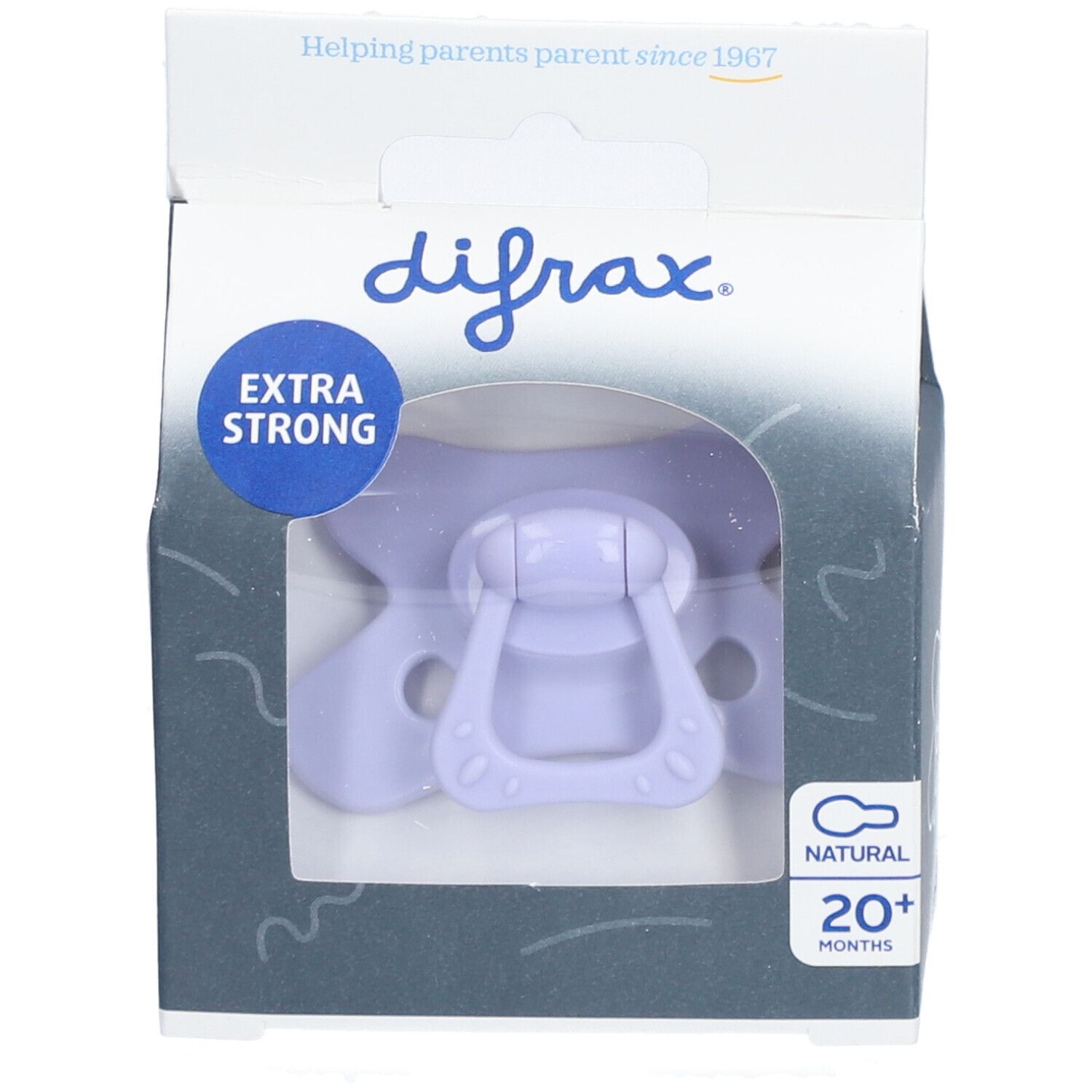 Speen in verpakking. Paars, 20+ maanden. Merk: Difrax. Extra Strong.