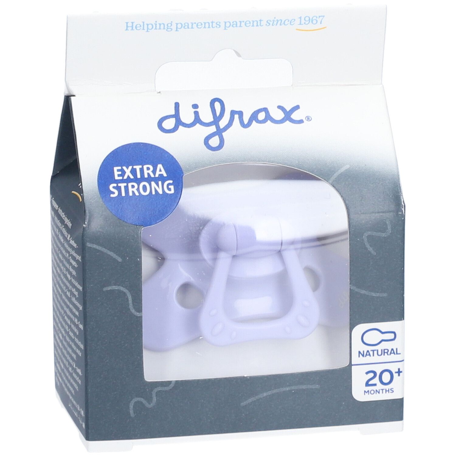 Speen in verpakking. Paars, 20+ maanden. Merk: Difrax. Extra Strong.