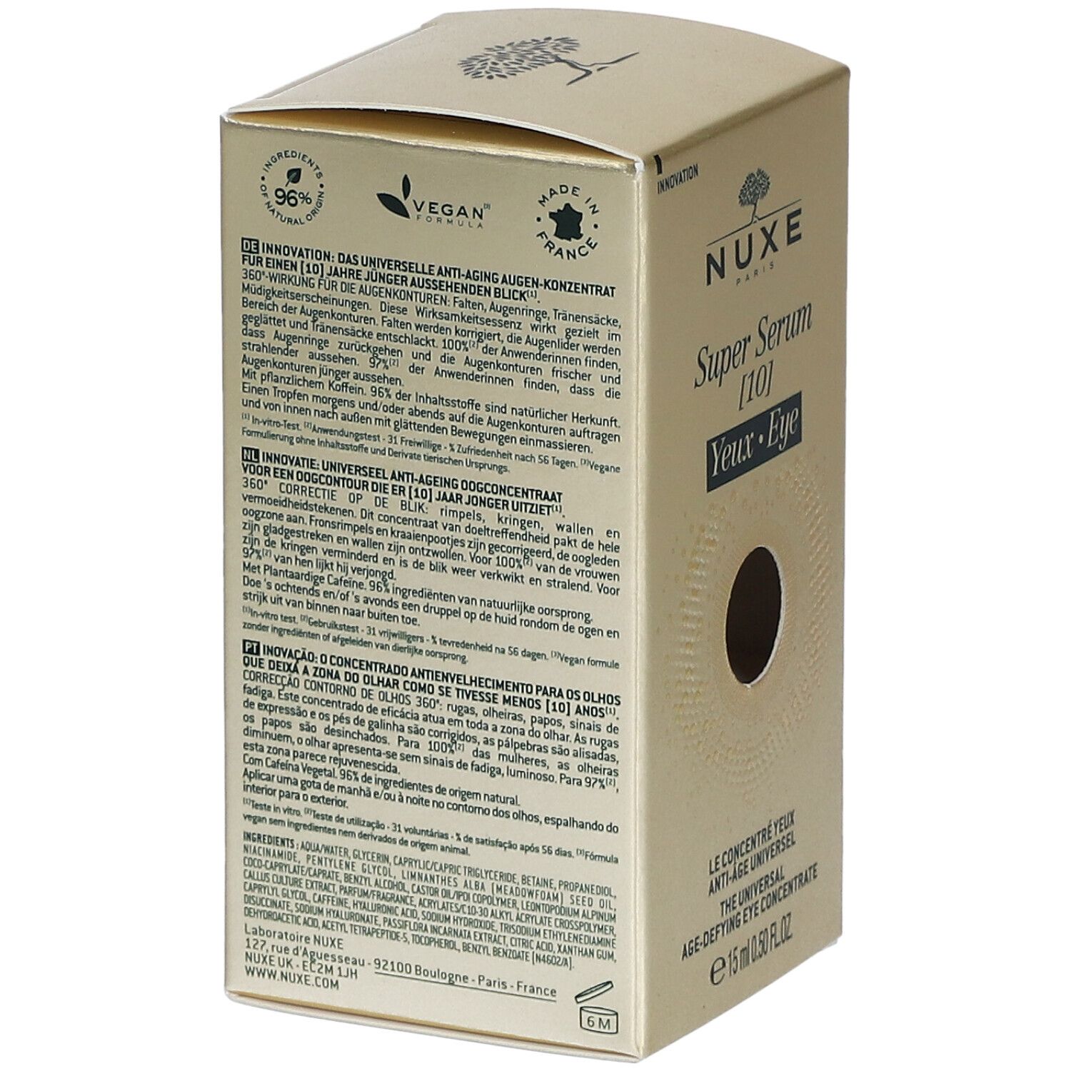 Dos de la boîte dorée. Textes multilingues. Logo Vegan. Code QR. Logo NUXE. Fabriqué en France.