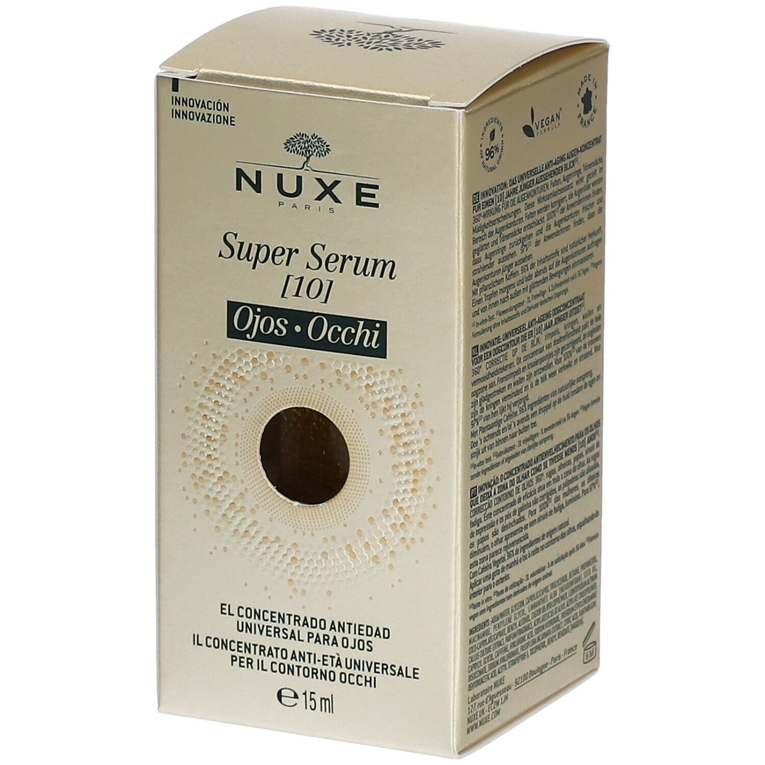 Boîte dorée NUXE Super Serum [10] Ojos. Texte : Concentré yeux anti-âge universel. 15 ml. Design avec cercle concentrique.