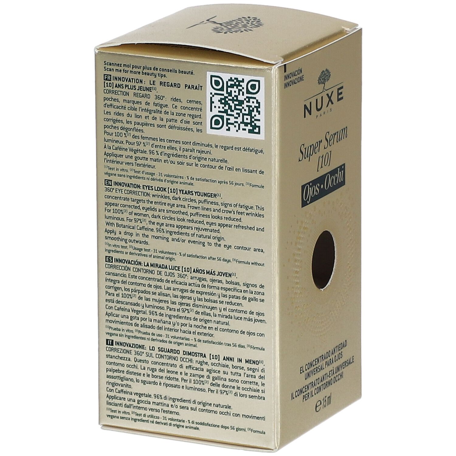 Dos de la boîte dorée. Textes multilingues. Code QR. Logo NUXE. Informations produit.