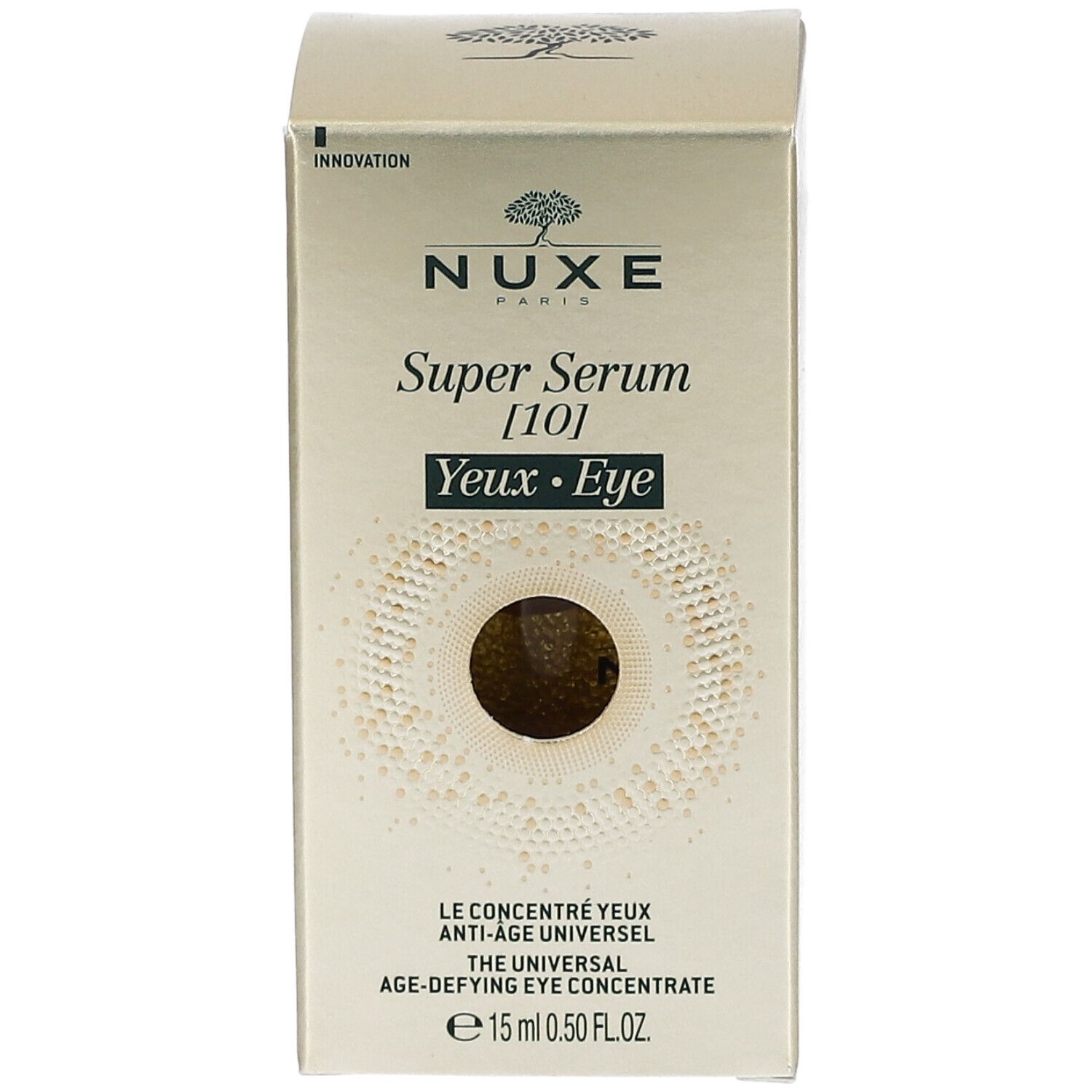 Boîte dorée NUXE Super Serum [10] Yeux. Texte : Concentré yeux anti-âge universel. 15 ml. Design avec cercle concentrique.