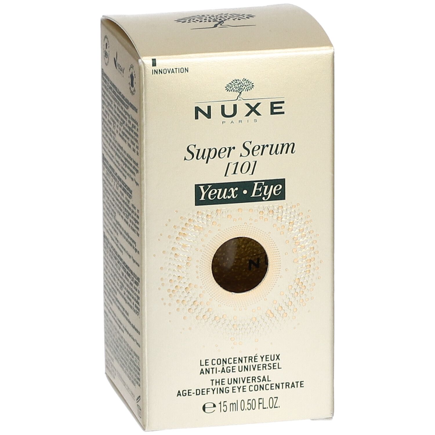 Boîte dorée NUXE Super Serum [10] Yeux. Texte : Concentré yeux anti-âge universel. 15 ml. Design avec cercle concentrique.