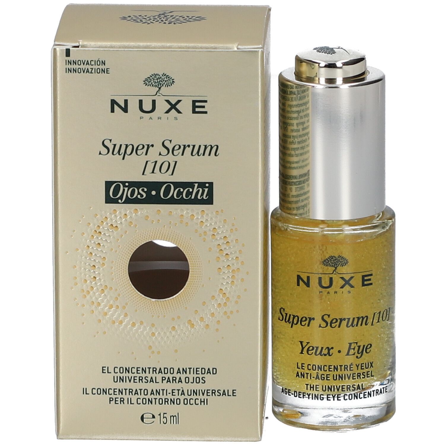 Boîte dorée et flacon. NUXE Super Serum [10] Ojos. Texte : Concentré yeux anti-âge. 15 ml. Flacon avec bouchon argenté.