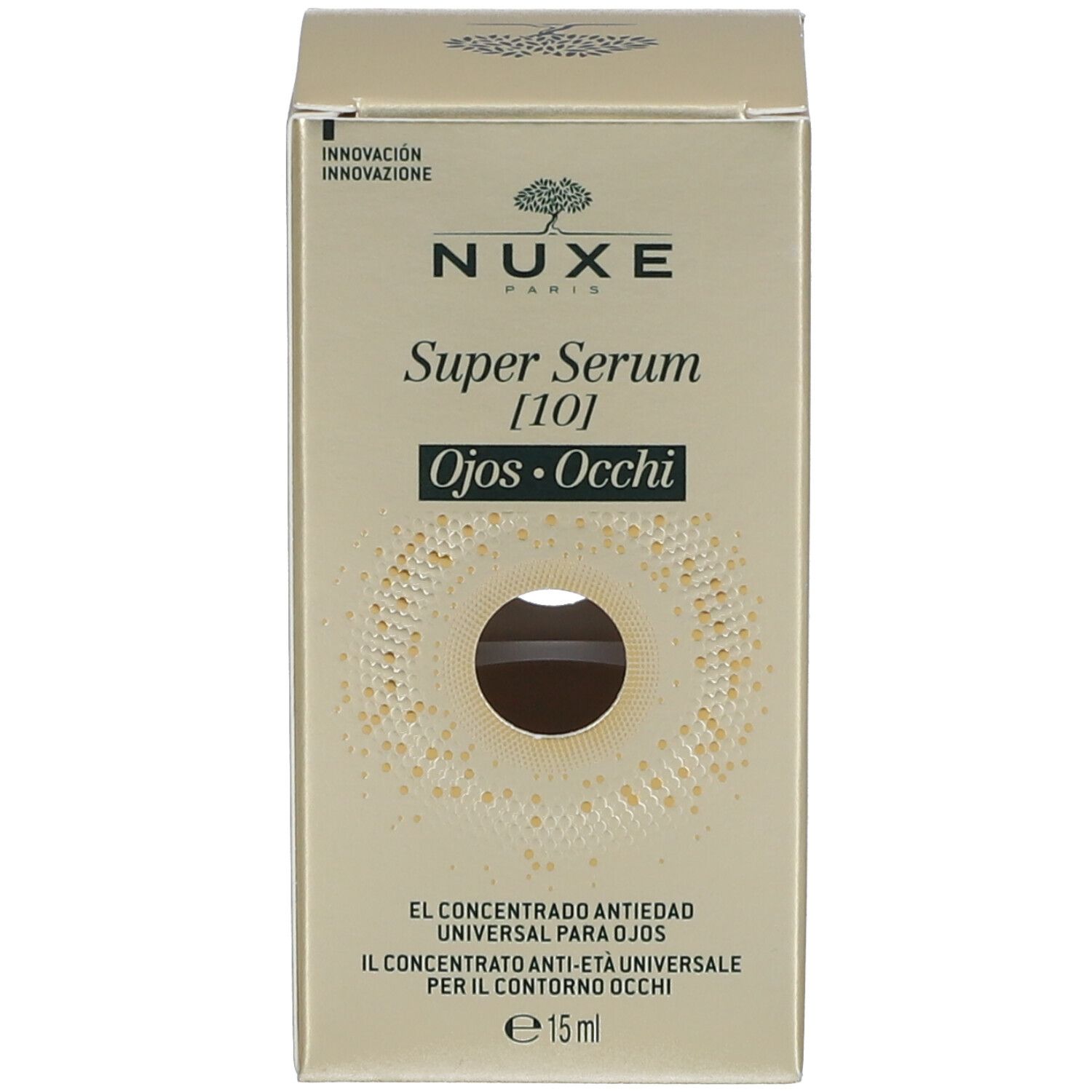 Boîte dorée NUXE Super Serum [10] Ojos. Texte : Concentré yeux anti-âge universel. 15 ml. Design avec cercle concentrique.