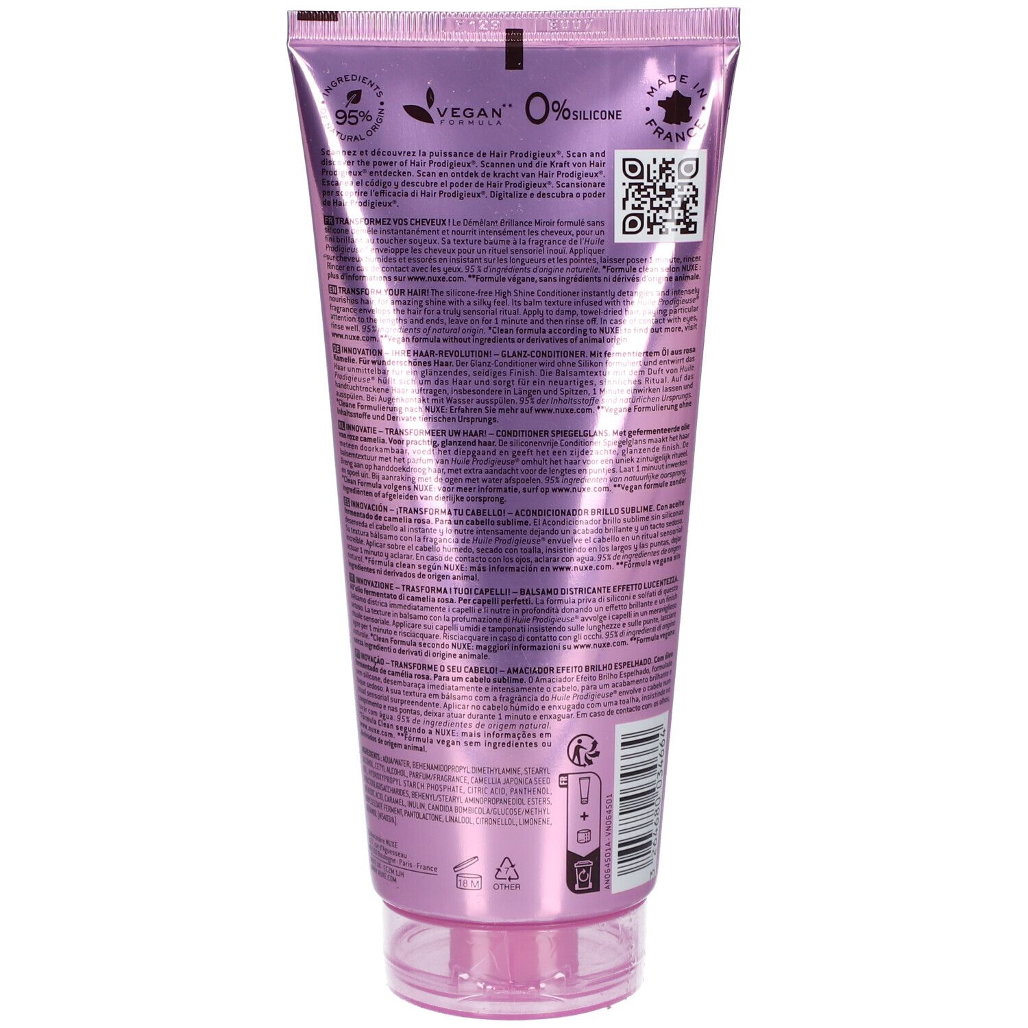 Dos du tube. Texte multilingue. Logo Vegan et "Made in France" visibles. Code QR et informations sur le contenu.