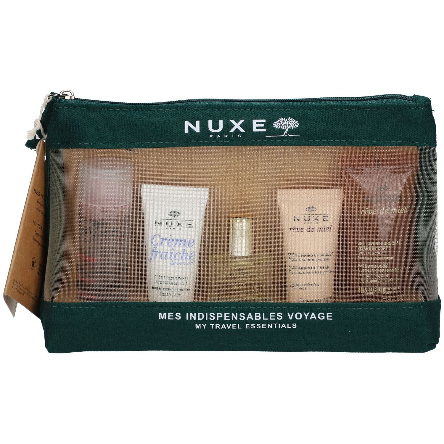 Trousse de toilette verte avec insert transparent, remplie de produits Nuxe. Contient divers tubes, flacons et une petite bouteille.