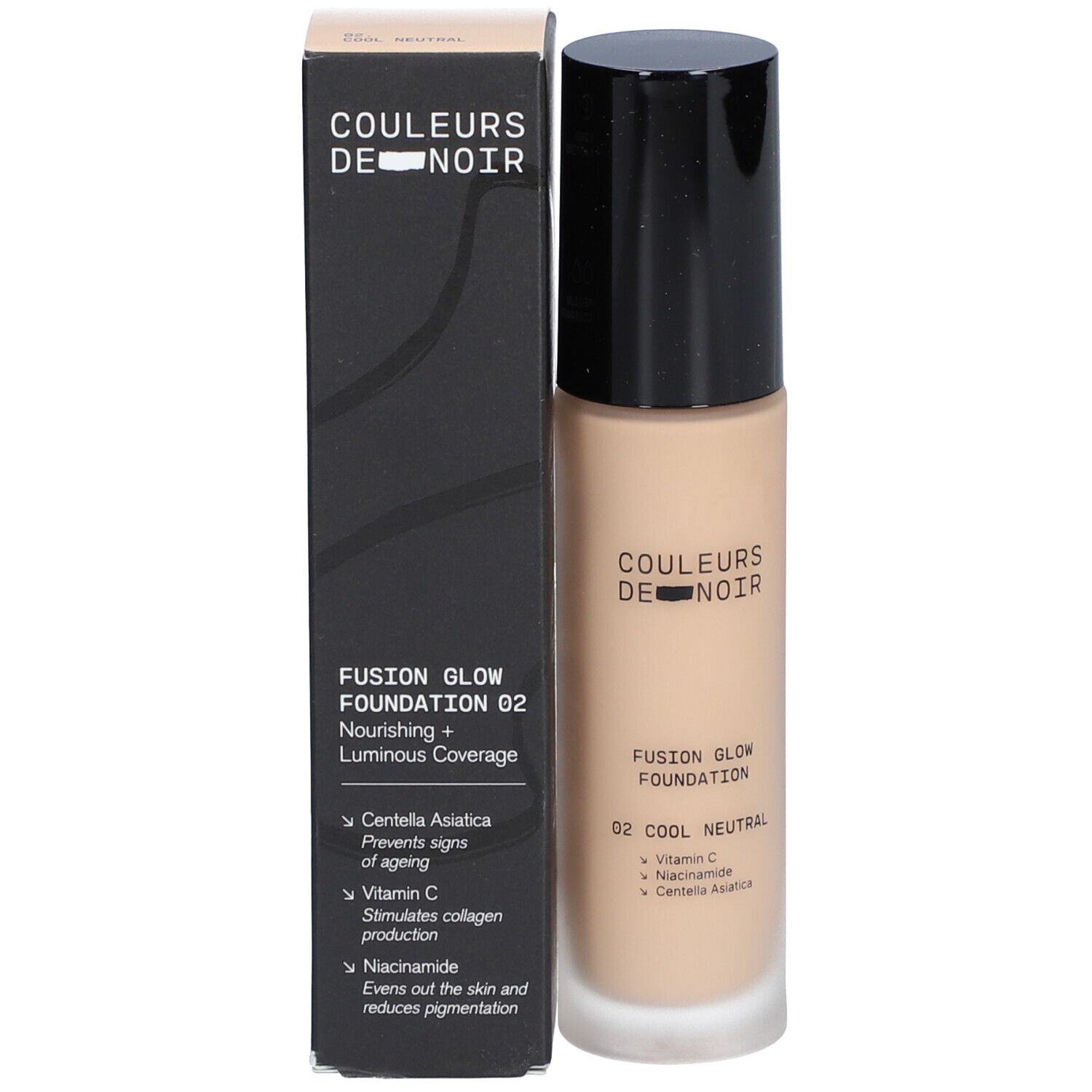 Flasche und Karton für COULEURS DE NOIR FUSION GLOW FOUNDATION 02, Cool Neutral.
