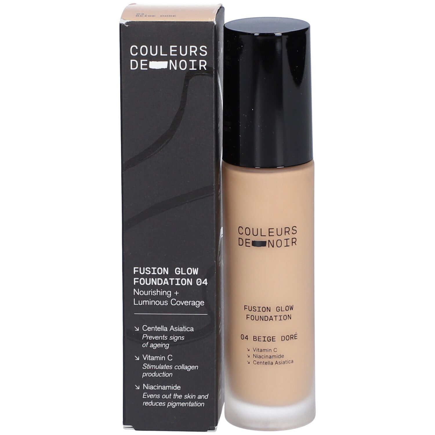 Foundation-Flakon und Schachtel. Aufschrift: COULEURS DE NOIR, Fusion Glow Foundation 04 Beige Doré. Inhaltsstoffe.