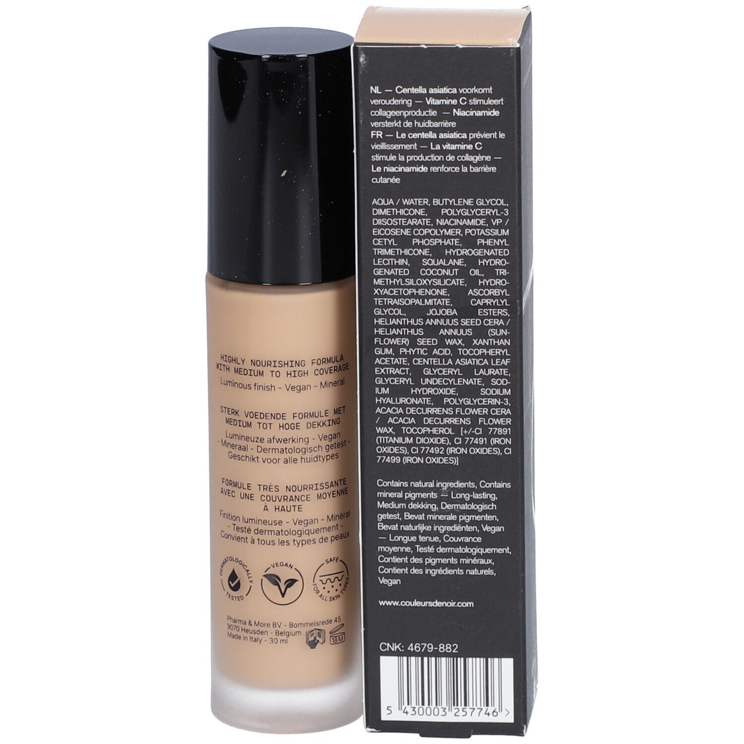 Foundation-Flakon und Schachtel. Aufschrift: COULEURS DE NOIR. Inhaltsstoffe, vegane Logos.
